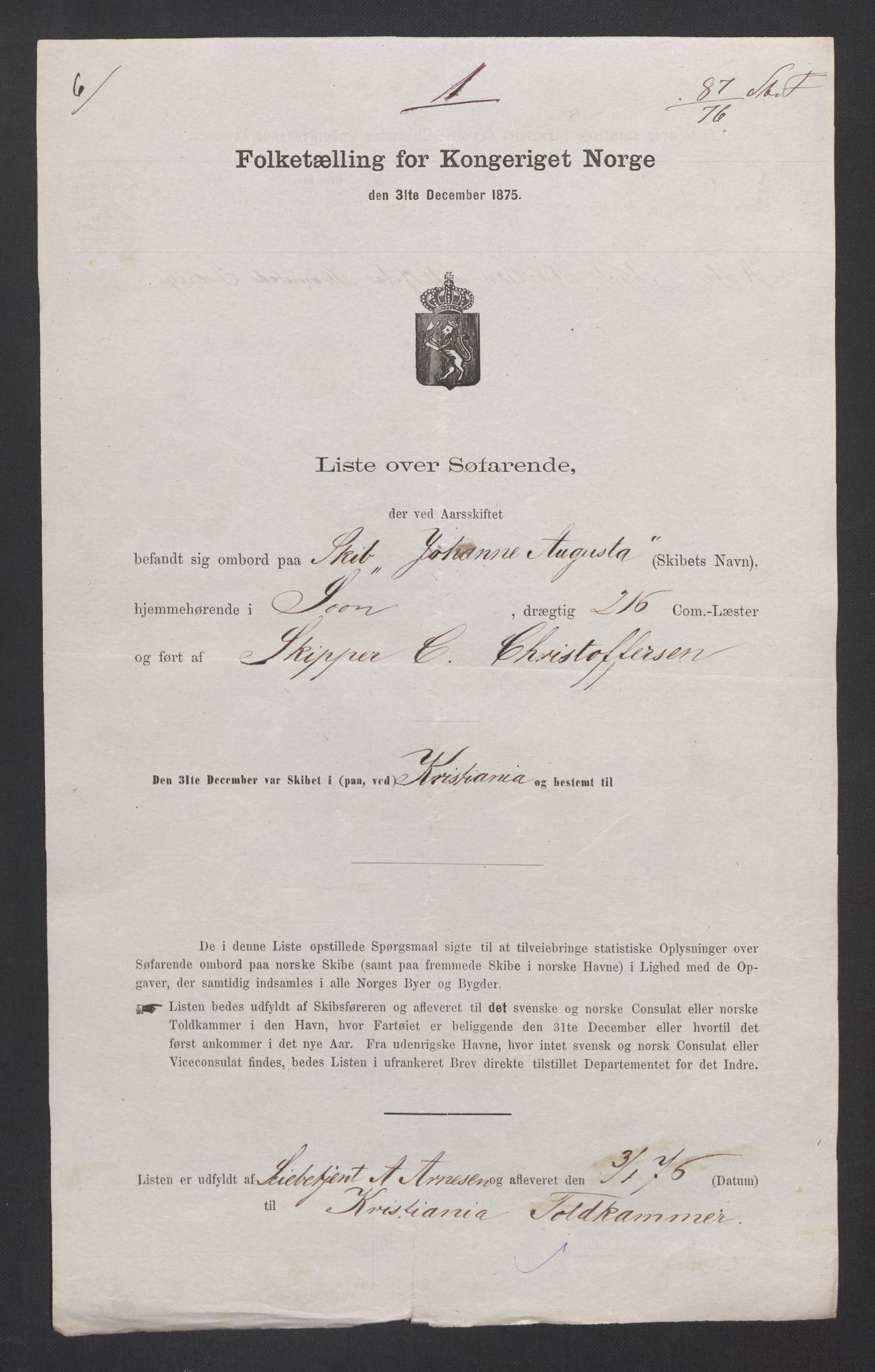 RA, Folketelling 1875, skipslister: Skip i innenrikske havner, hjemmehørende i byer og ladesteder, 1875, s. 62