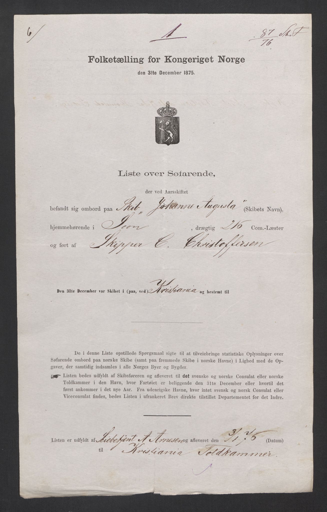 RA, Folketelling 1875, skipslister: Skip i innenrikske havner, hjemmehørende i byer og ladesteder, 1875, s. 62