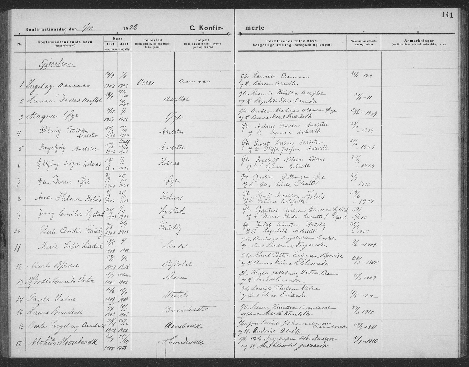 Ministerialprotokoller, klokkerbøker og fødselsregistre - Møre og Romsdal, AV/SAT-A-1454/513/L0191: Klokkerbok nr. 513C05, 1920-1941, s. 141