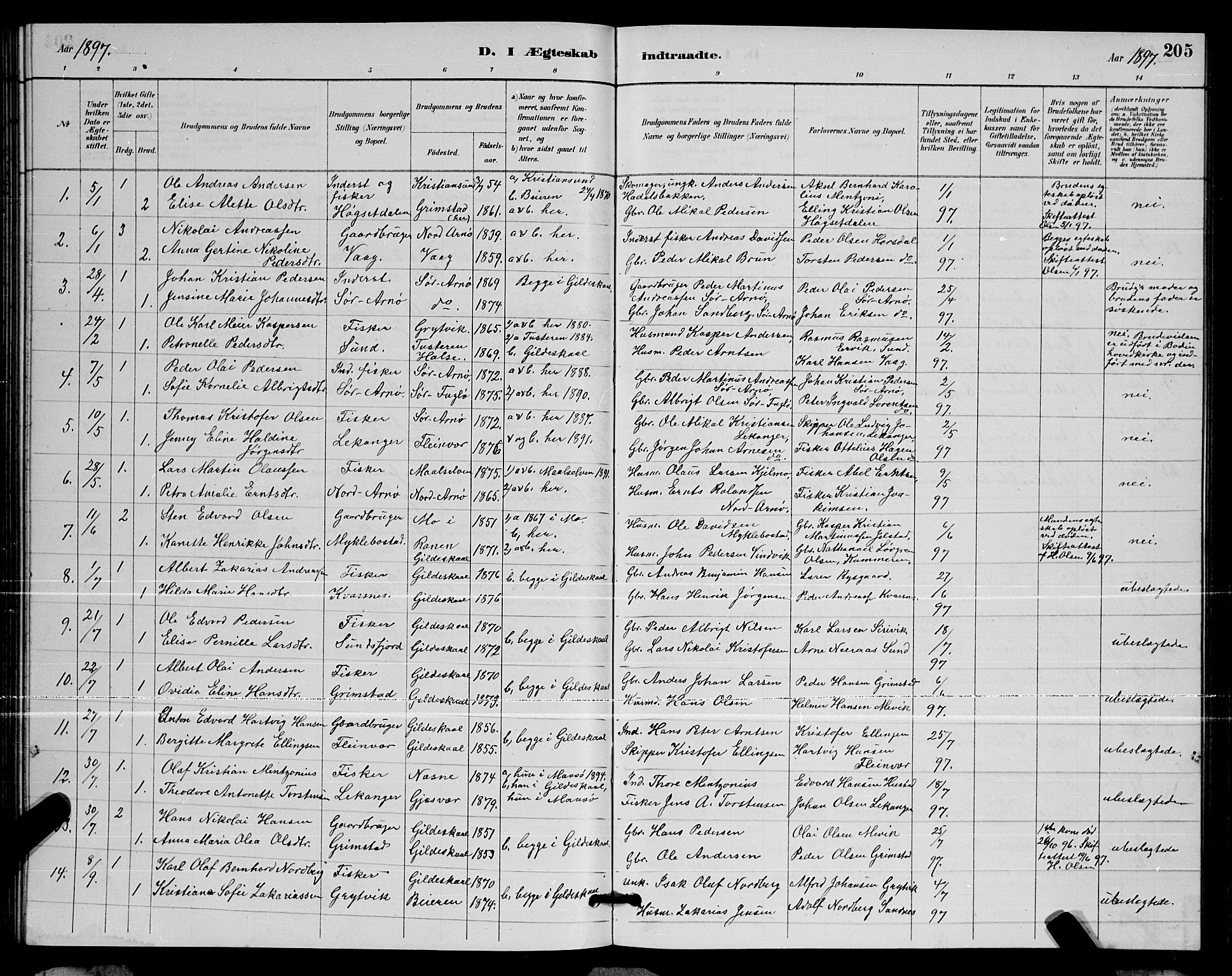 Ministerialprotokoller, klokkerbøker og fødselsregistre - Nordland, AV/SAT-A-1459/805/L0108: Klokkerbok nr. 805C04, 1885-1899, s. 205