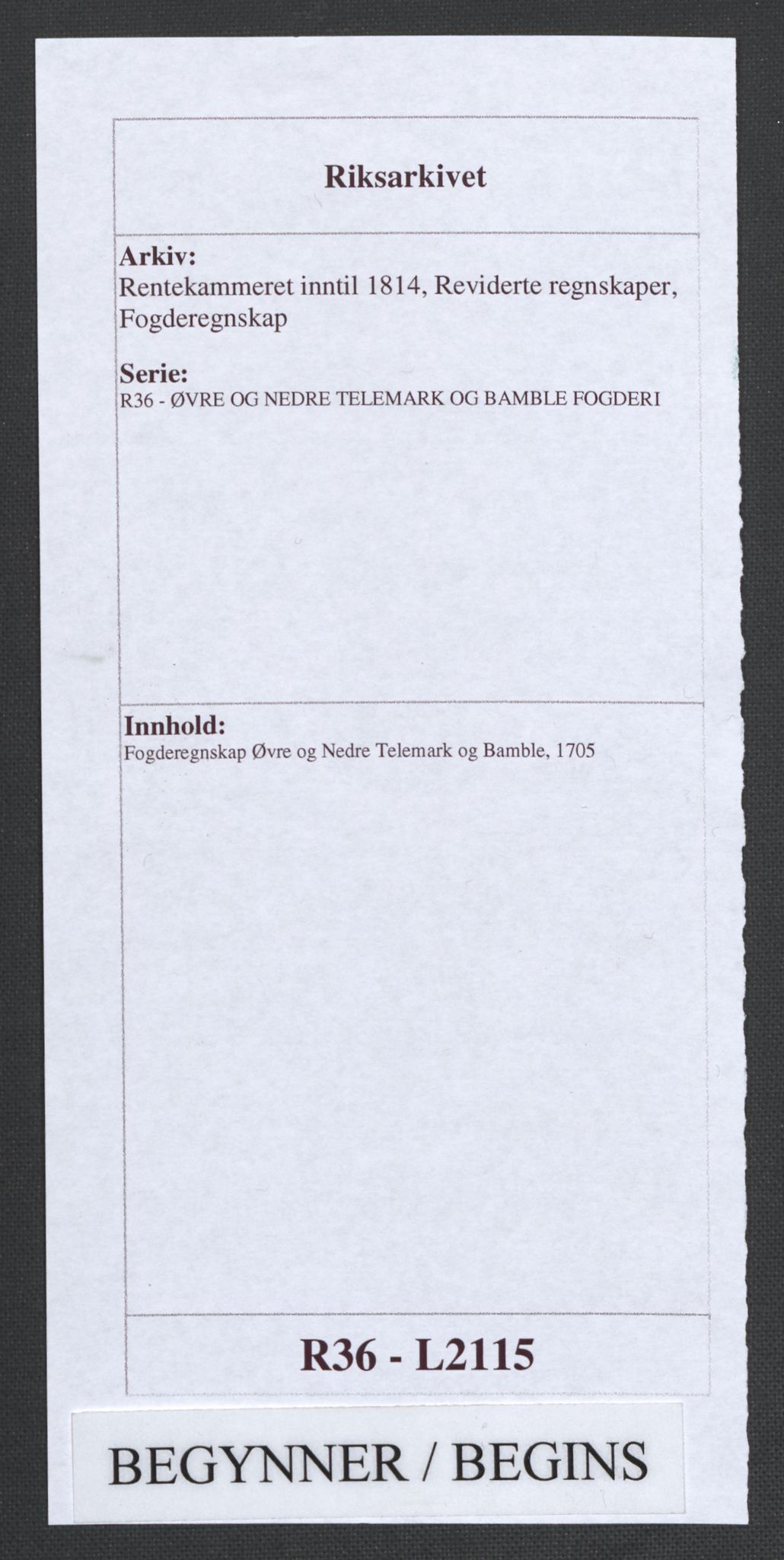 Rentekammeret inntil 1814, Reviderte regnskaper, Fogderegnskap, AV/RA-EA-4092/R36/L2115: Fogderegnskap Øvre og Nedre Telemark og Bamble, 1705, s. 1