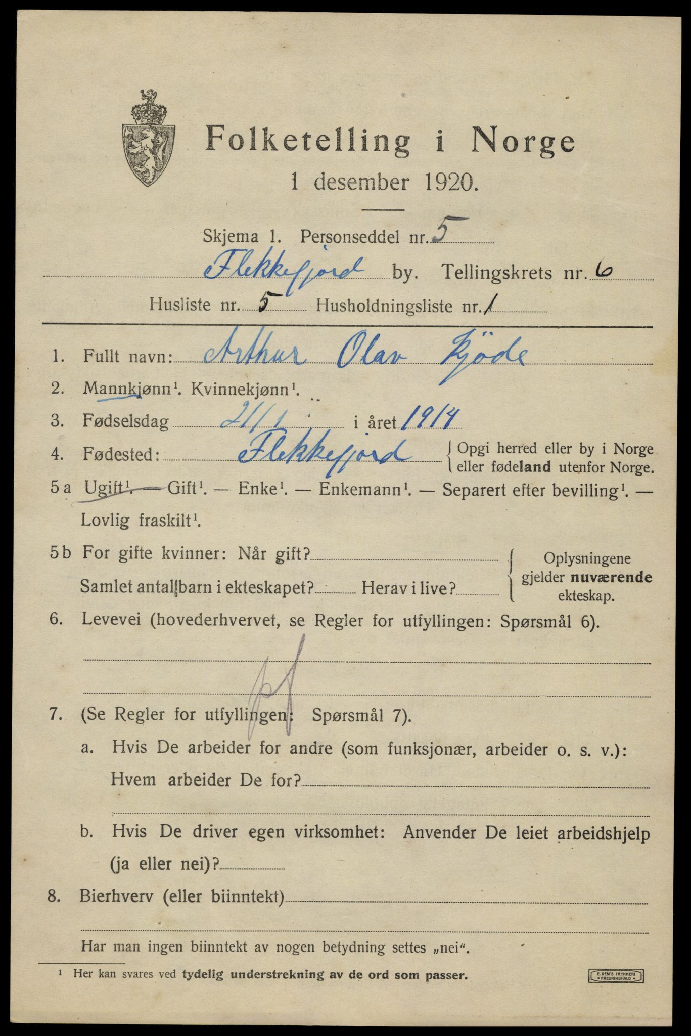 SAK, Folketelling 1920 for 1004 Flekkefjord kjøpstad, 1920, s. 5810