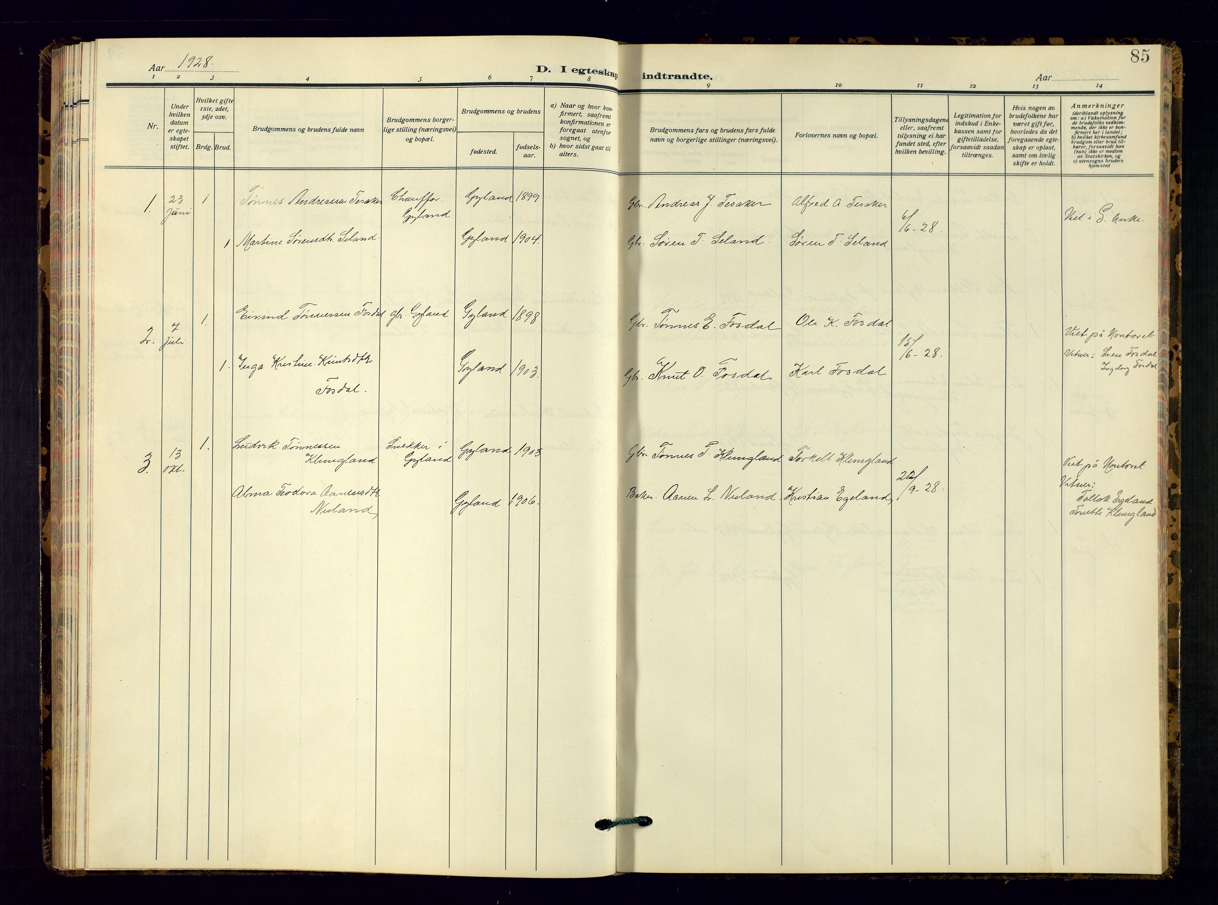 Bakke sokneprestkontor, AV/SAK-1111-0002/F/Fb/Fbb/L0005: Klokkerbok nr. B 5, 1927-1947, s. 85