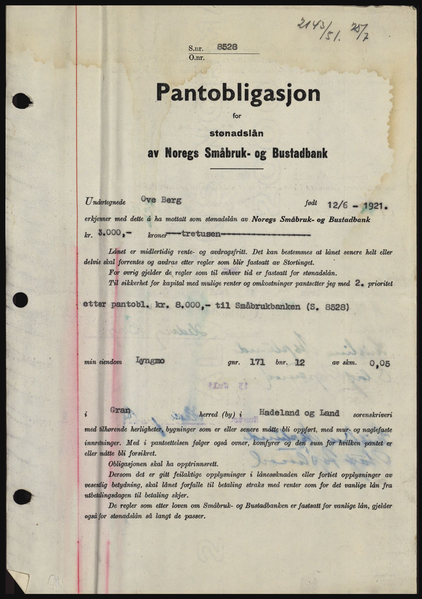 Hadeland og Land tingrett, SAH/TING-010/H/Hb/Hbc/L0022: Pantebok nr. B22, 1951-1951, Dagboknr: 2143/1951