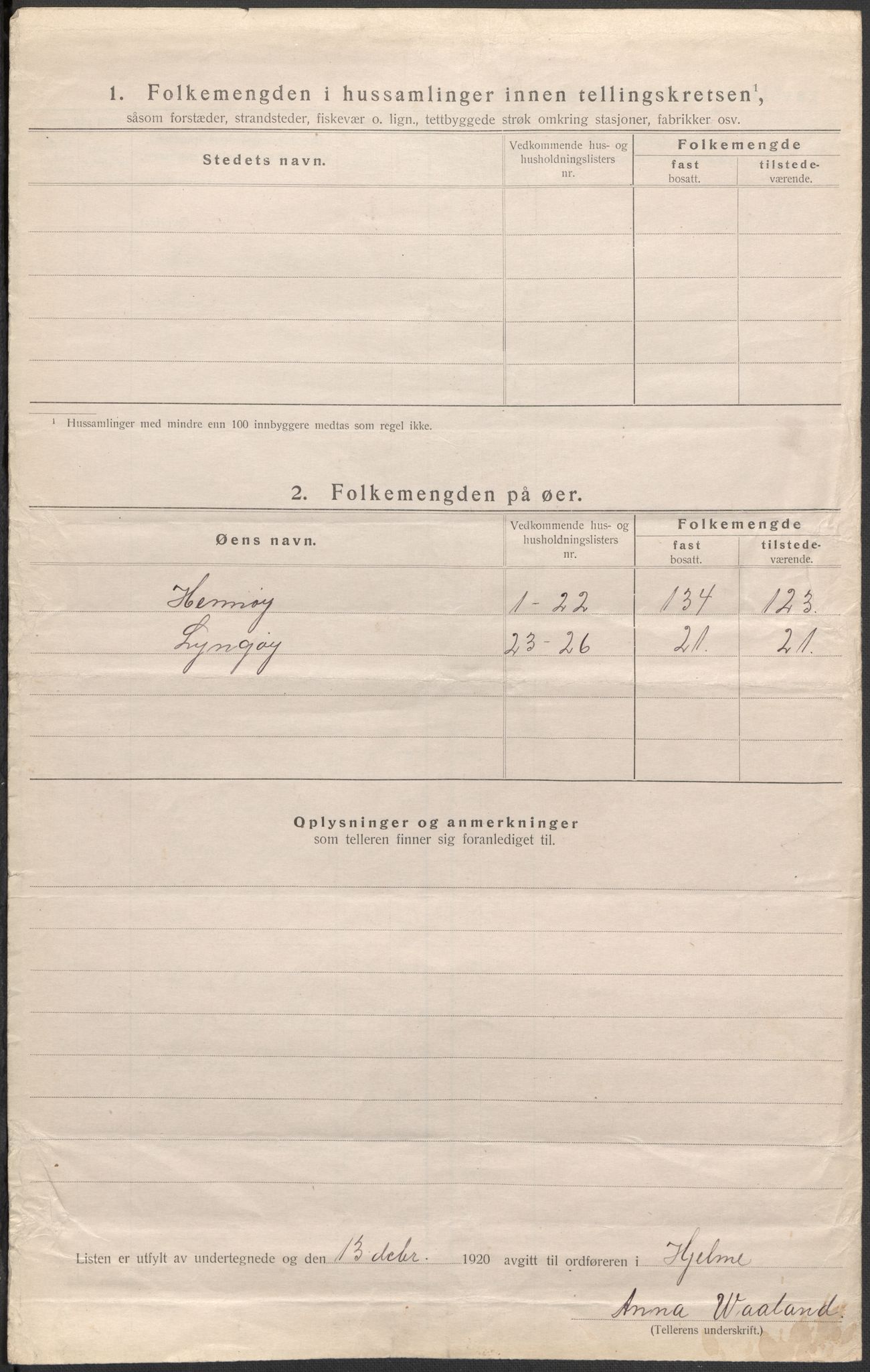 SAB, Folketelling 1920 for 1259 Hjelme herred, 1920, s. 13