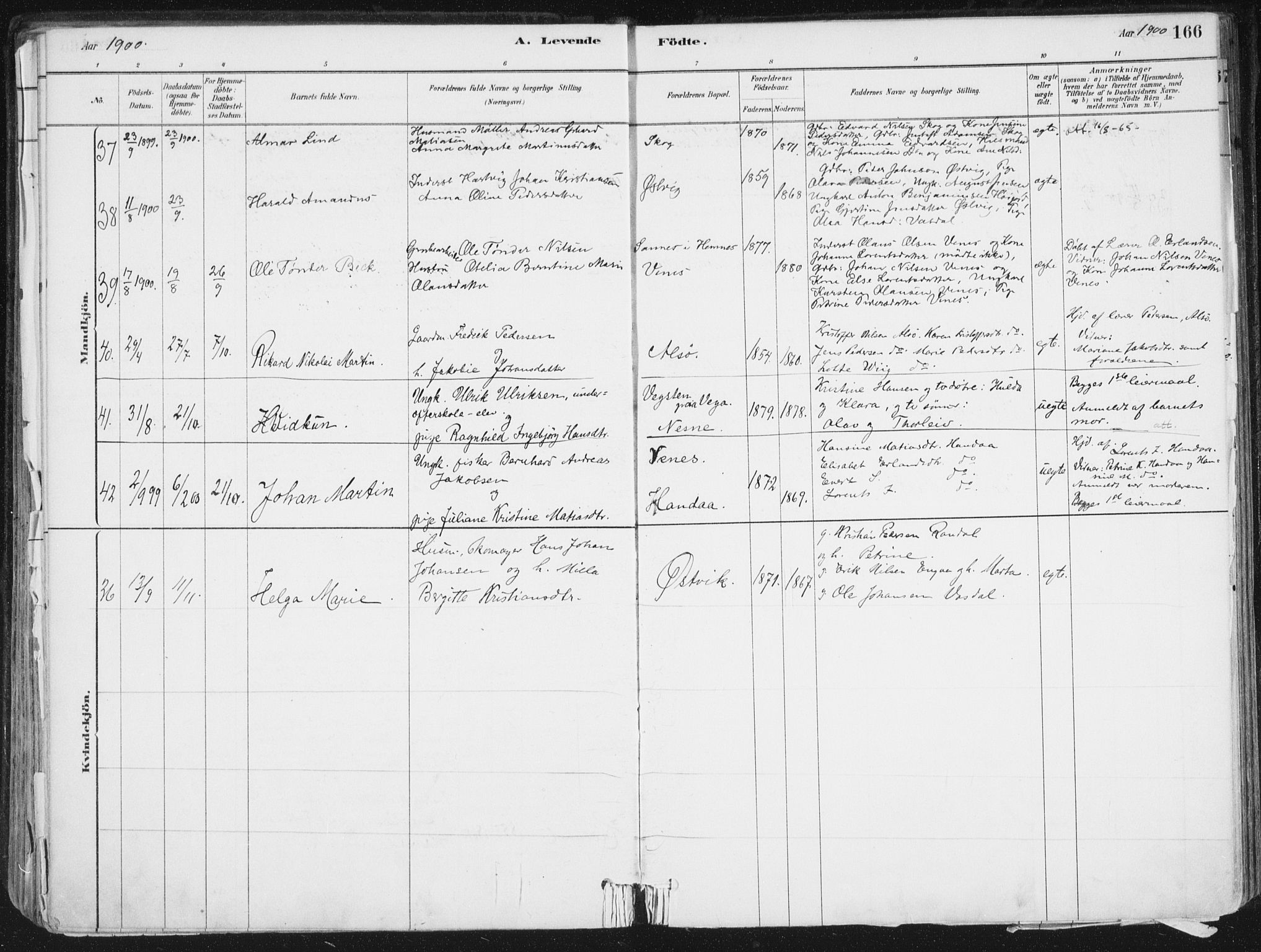 Ministerialprotokoller, klokkerbøker og fødselsregistre - Nordland, AV/SAT-A-1459/838/L0552: Ministerialbok nr. 838A10, 1880-1910, s. 166