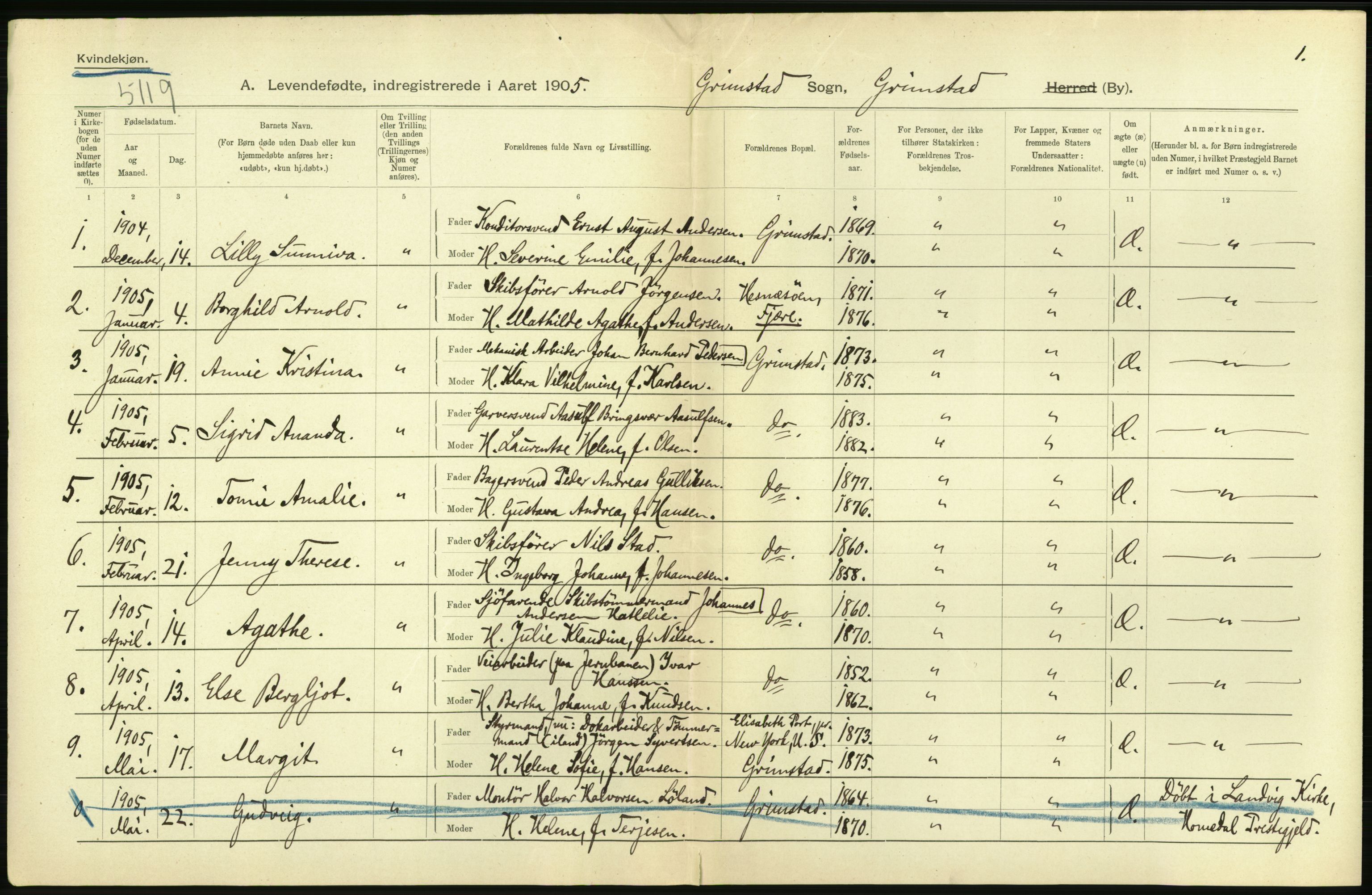 Statistisk sentralbyrå, Sosiodemografiske emner, Befolkning, RA/S-2228/D/Df/Dfa/Dfac/L0043: Bratsberg - Lister og Mandals amt: Levendefødte menn og kvinner, gifte, døde, dødfødte. Byer., 1905, s. 420