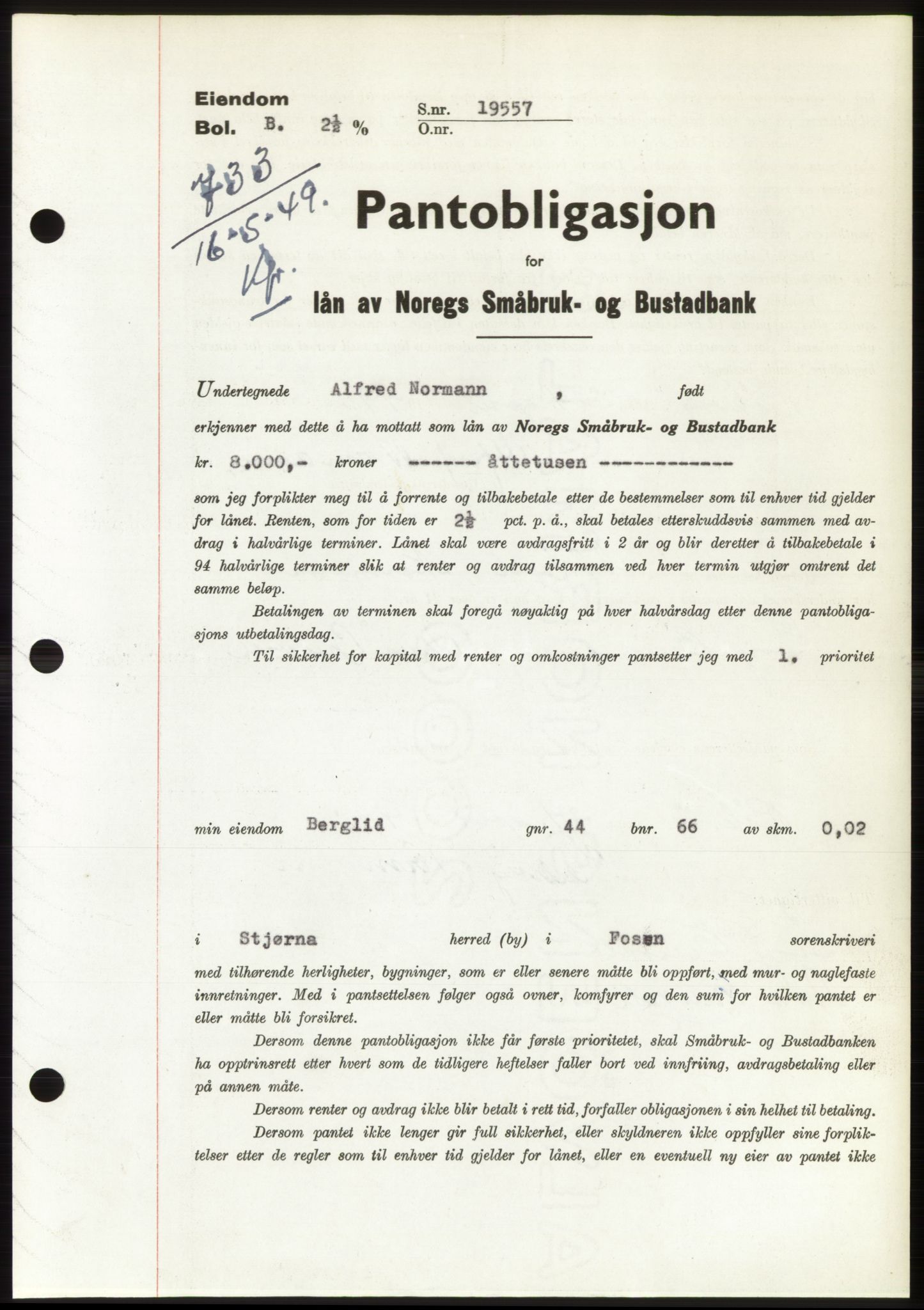 Fosen sorenskriveri, AV/SAT-A-1107/1/2/2C: Pantebok nr. B, 1948-1950, Dagboknr: 733/1949