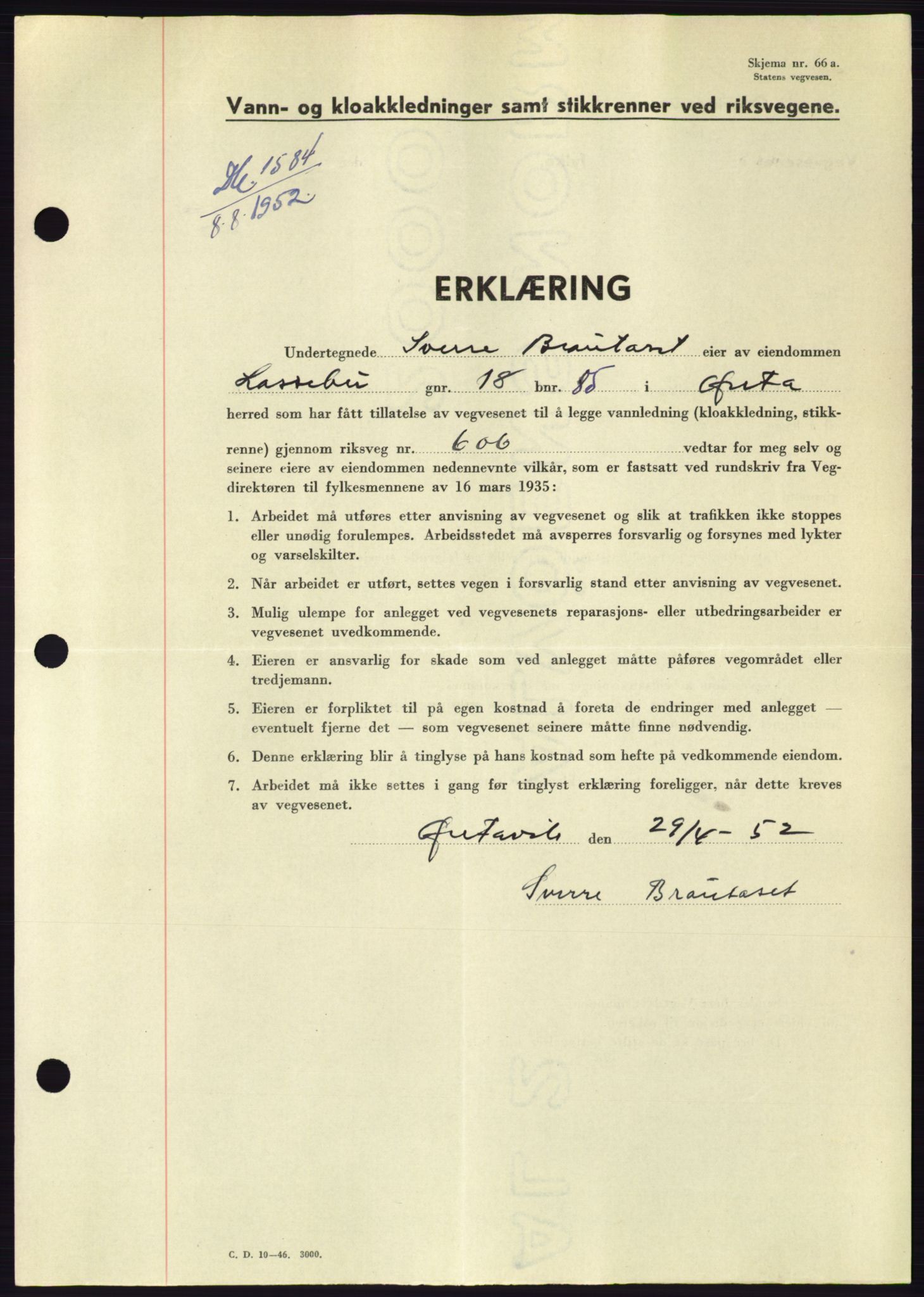 Søre Sunnmøre sorenskriveri, AV/SAT-A-4122/1/2/2C/L0092: Pantebok nr. 18A, 1952-1952, Dagboknr: 1584/1952