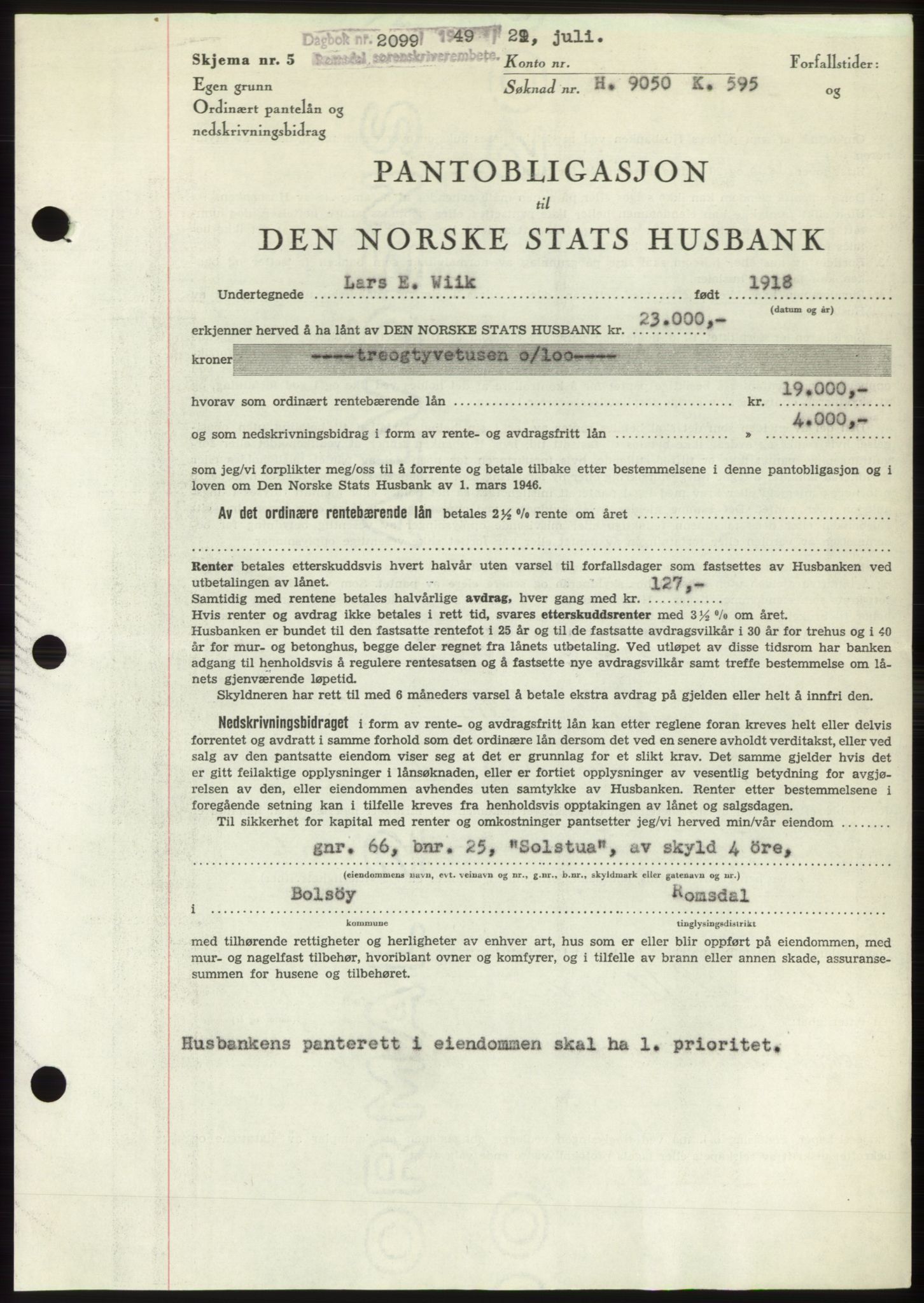 Romsdal sorenskriveri, SAT/A-4149/1/2/2C: Pantebok nr. B4, 1948-1949, Dagboknr: 2099/1949