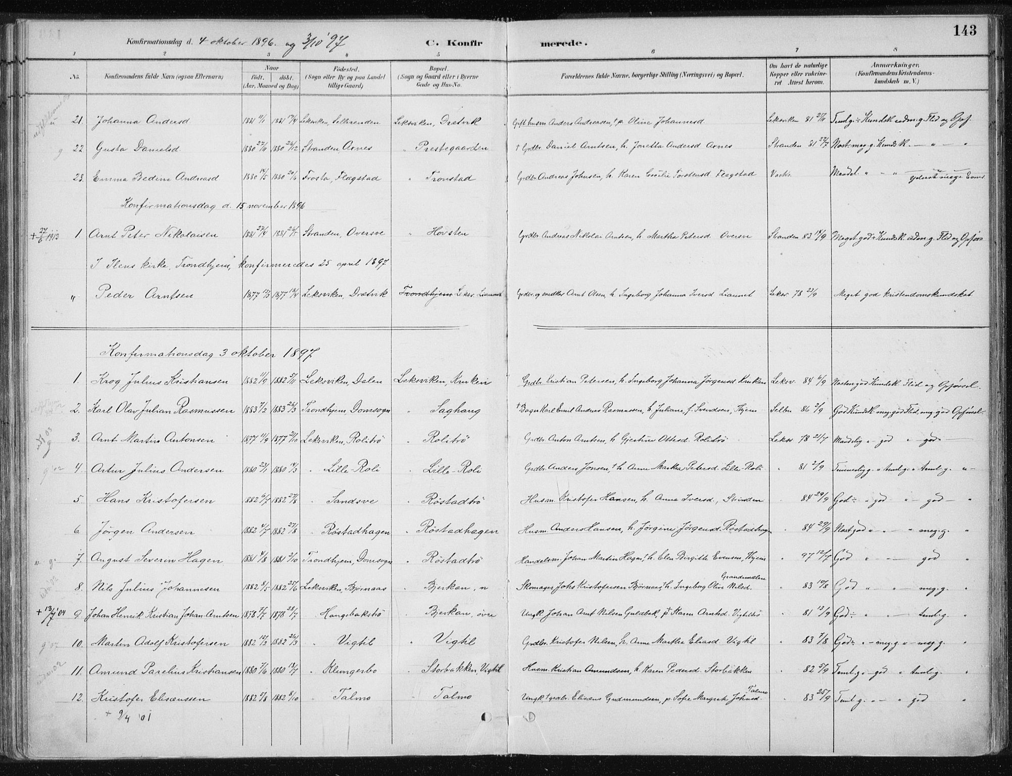 Ministerialprotokoller, klokkerbøker og fødselsregistre - Nord-Trøndelag, AV/SAT-A-1458/701/L0010: Ministerialbok nr. 701A10, 1883-1899, s. 143