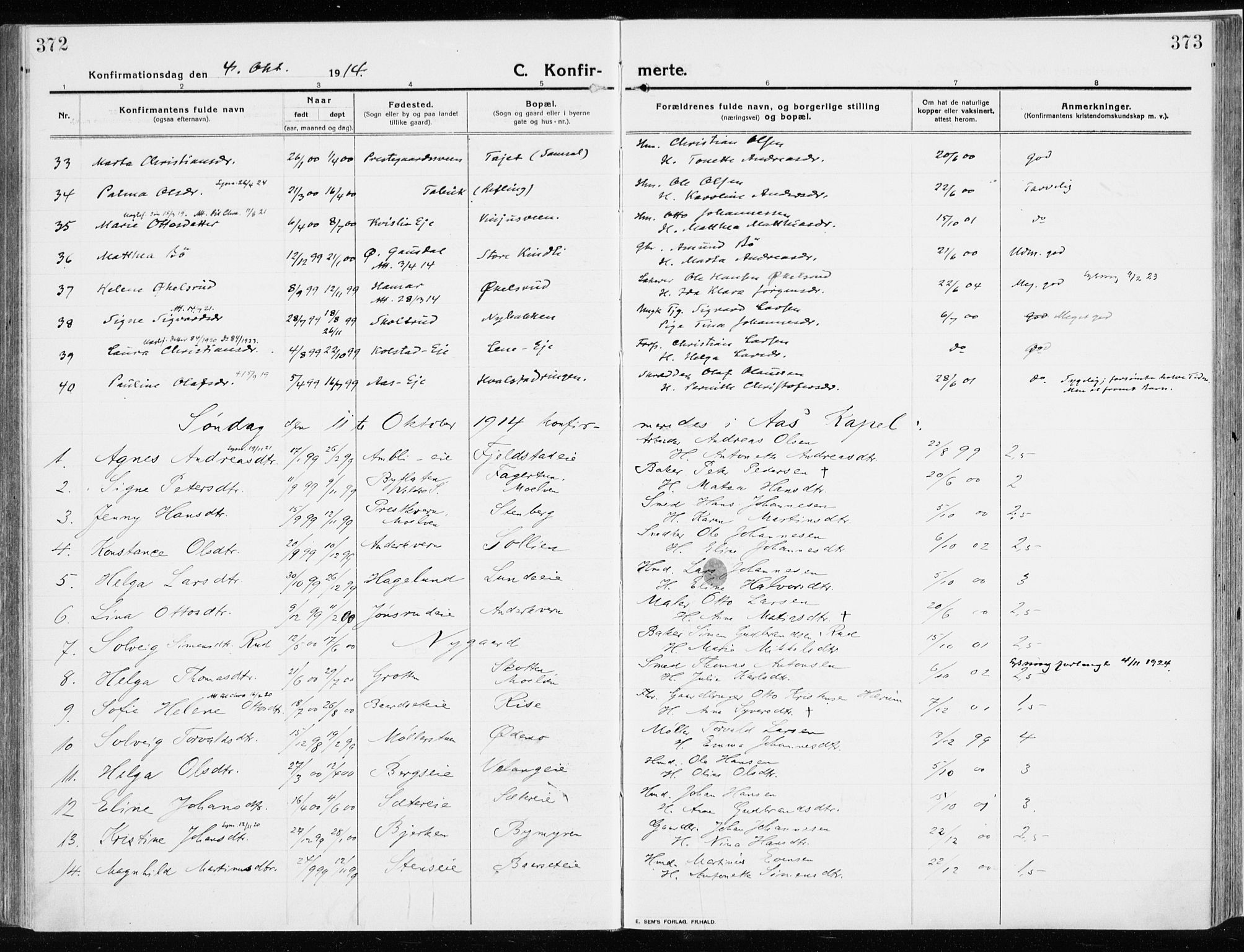 Ringsaker prestekontor, AV/SAH-PREST-014/K/Ka/L0020: Ministerialbok nr. 20, 1913-1922, s. 372-373