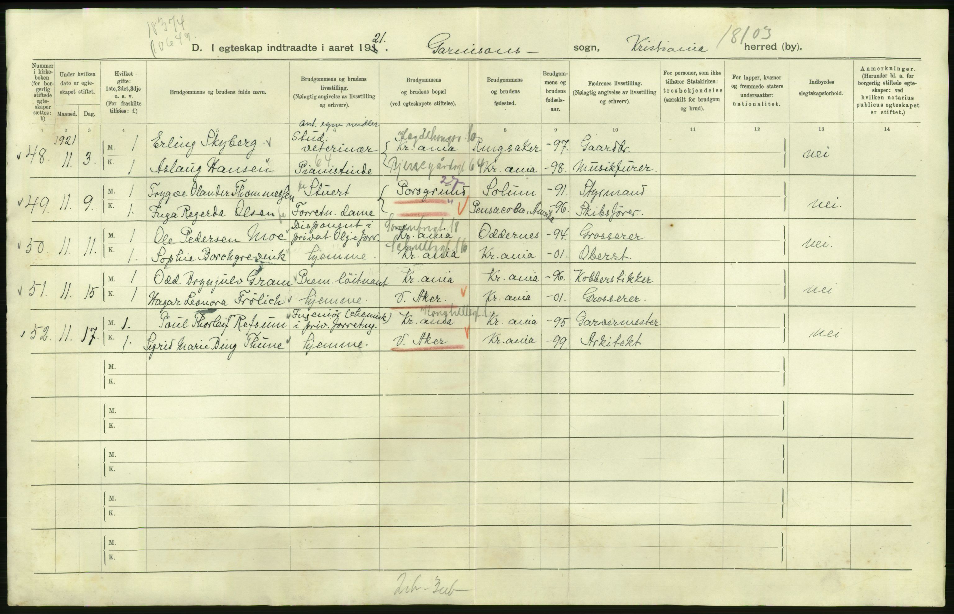 Statistisk sentralbyrå, Sosiodemografiske emner, Befolkning, RA/S-2228/D/Df/Dfc/Dfca/L0011: Kristiania: Gifte, 1921, s. 898