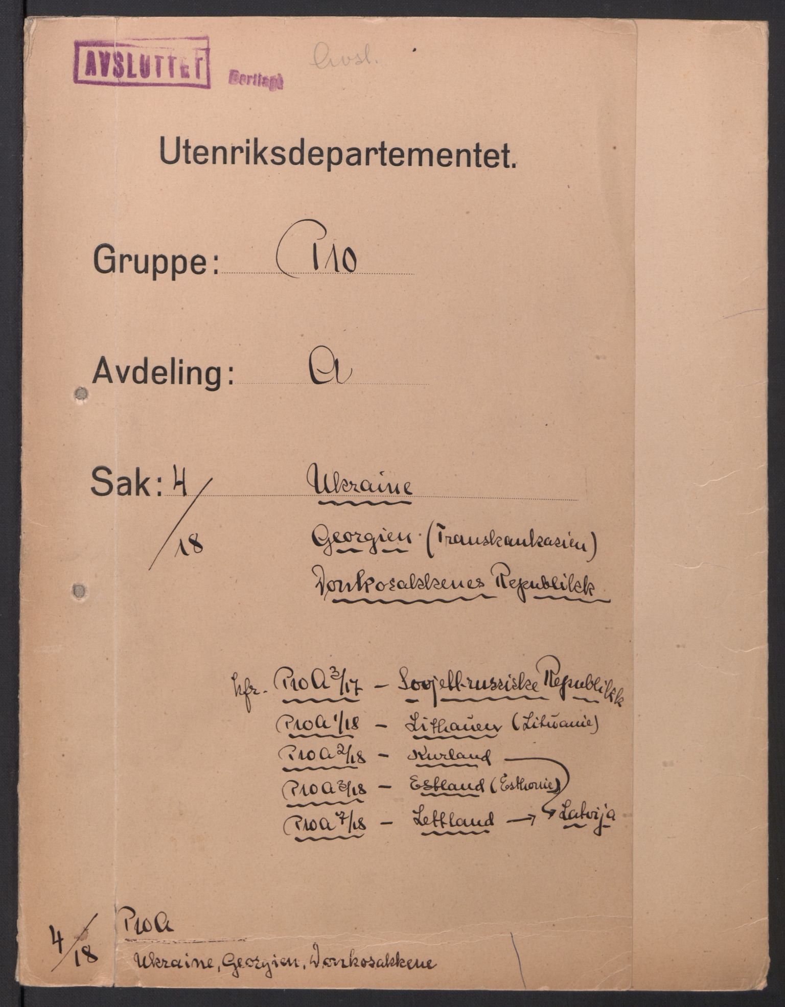 Utenriksdepartementet, RA/S-2259, 1918-1921, s. 1