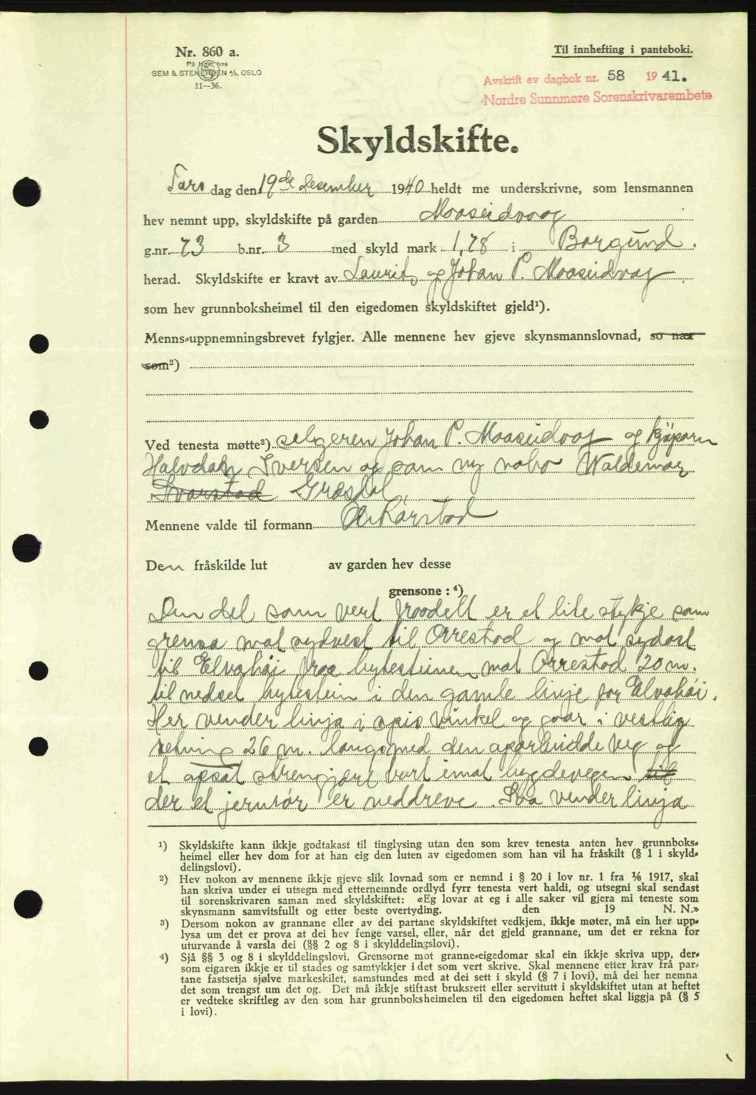 Nordre Sunnmøre sorenskriveri, AV/SAT-A-0006/1/2/2C/2Ca: Pantebok nr. A10, 1940-1941, Dagboknr: 58/1941