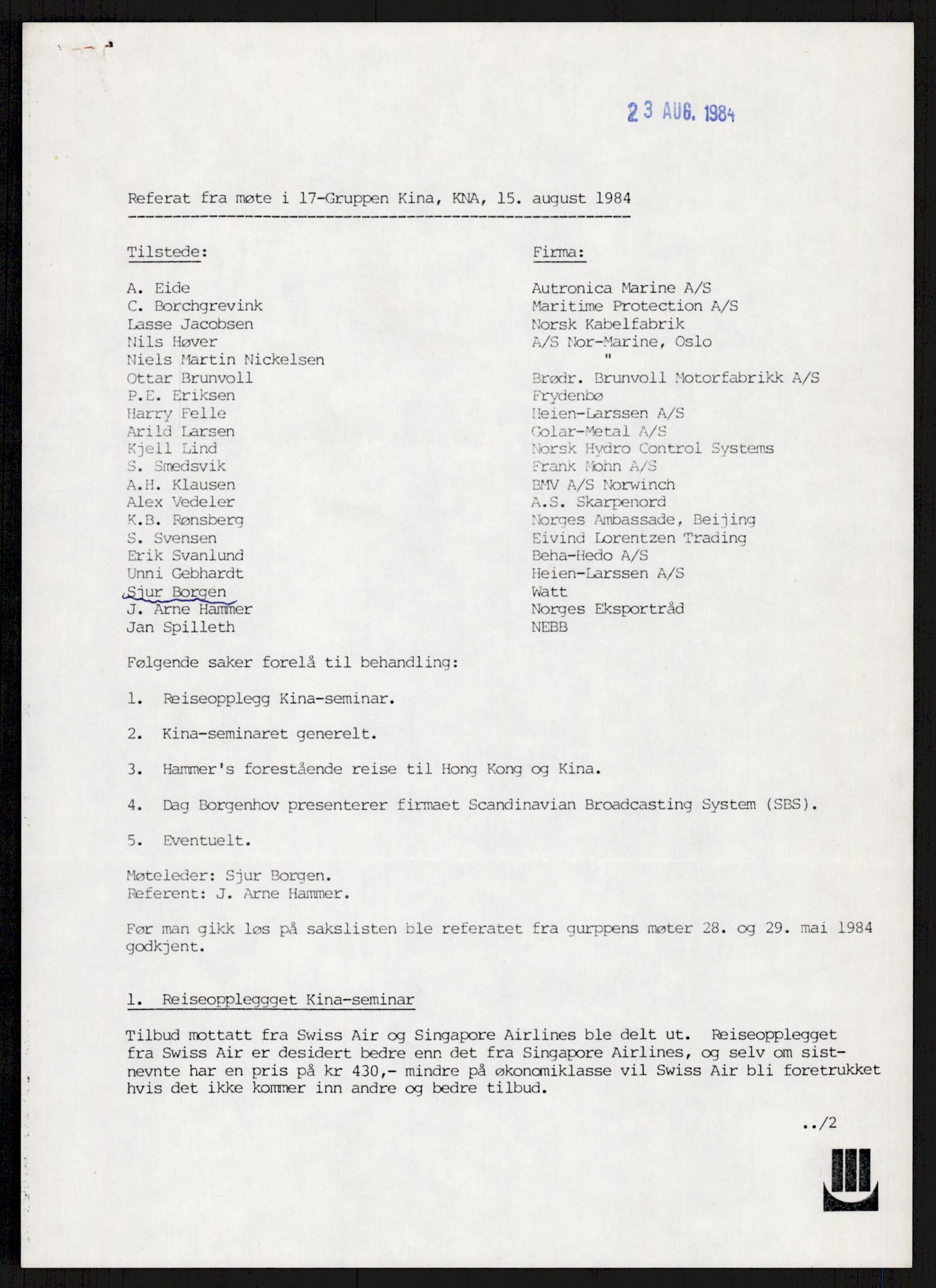 "17-Gruppen Kina", AV/RA-PA-1688/A/L0001: Møtereferater, 1979-1986, s. 153