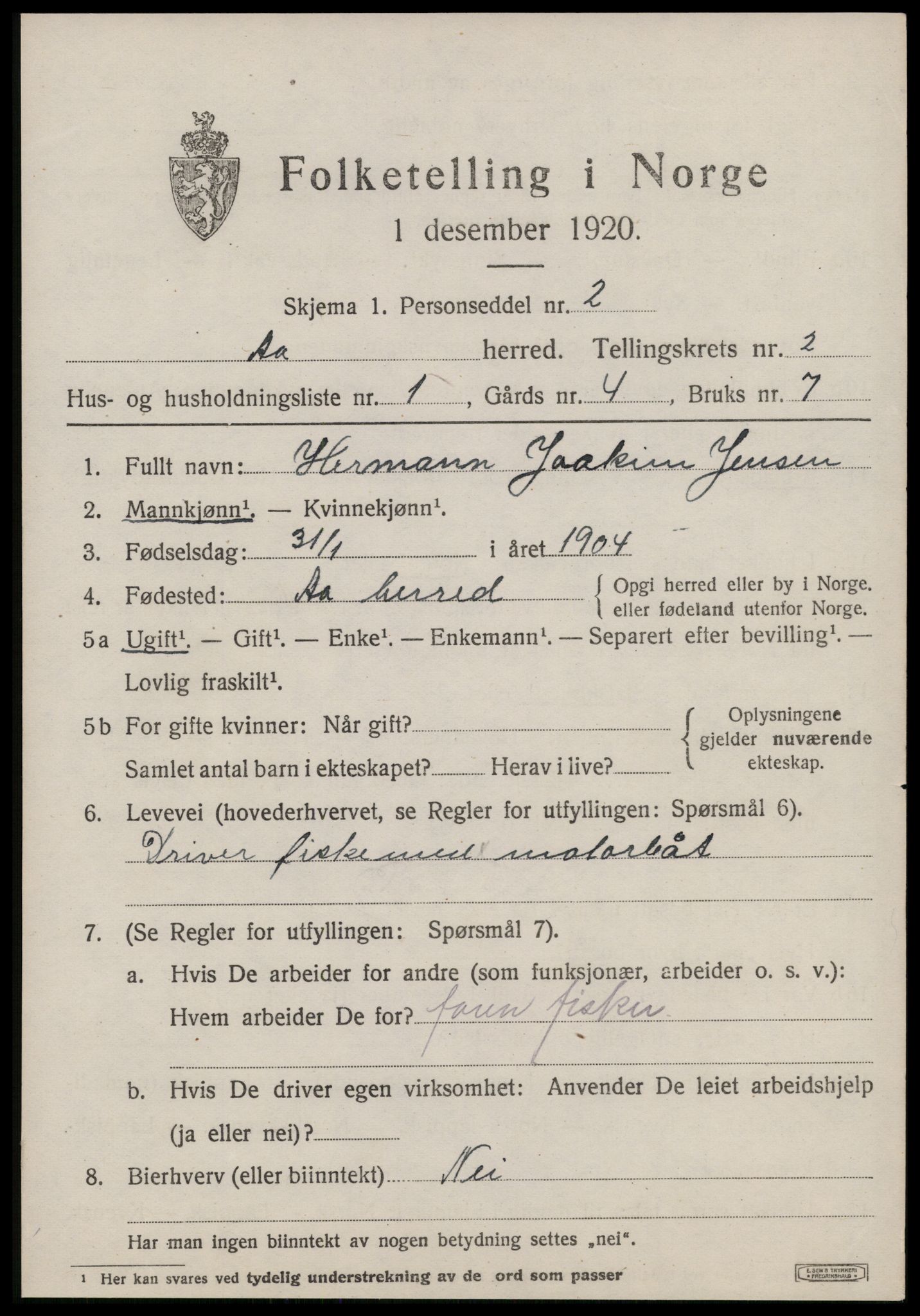 SAT, Folketelling 1920 for 1630 Å herred, 1920, s. 1404