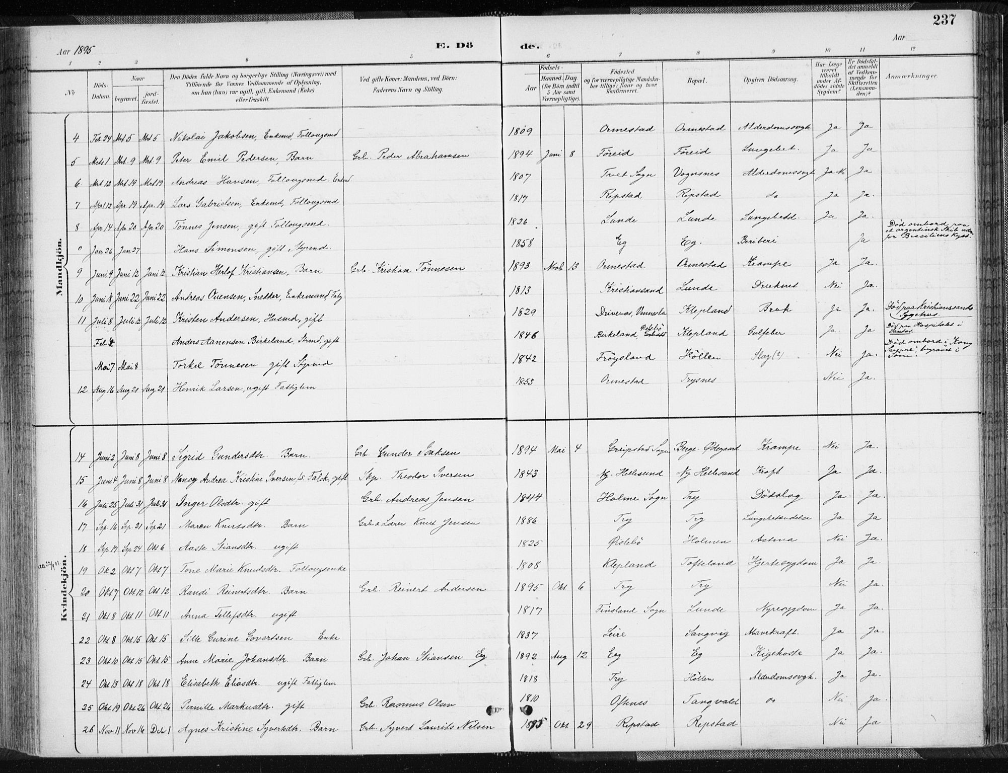 Søgne sokneprestkontor, AV/SAK-1111-0037/F/Fa/Fab/L0013: Ministerialbok nr. A 13, 1892-1911, s. 237