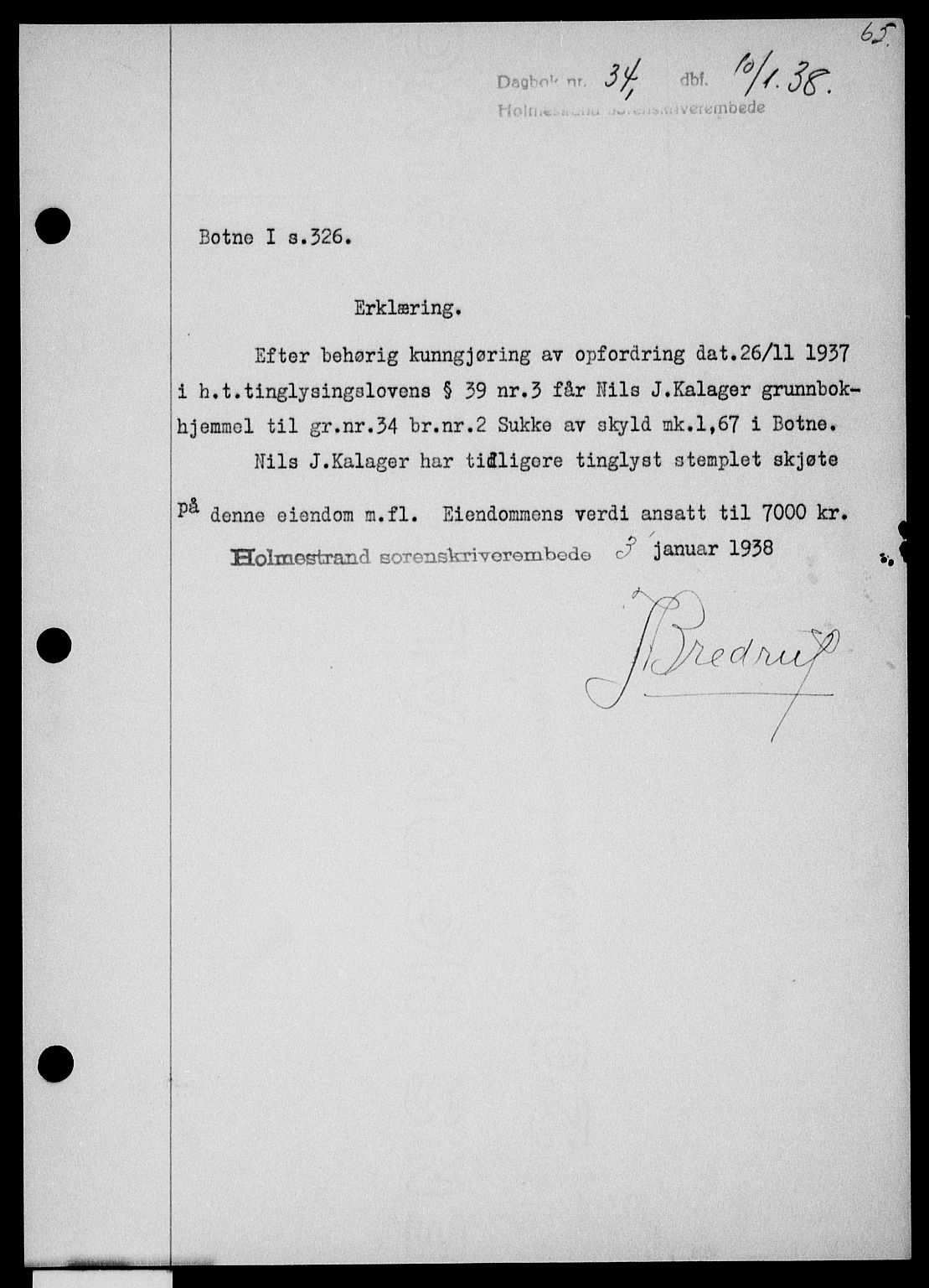 Holmestrand sorenskriveri, SAKO/A-67/G/Ga/Gaa/L0049: Pantebok nr. A-49, 1937-1938, Dagboknr: 34/1938