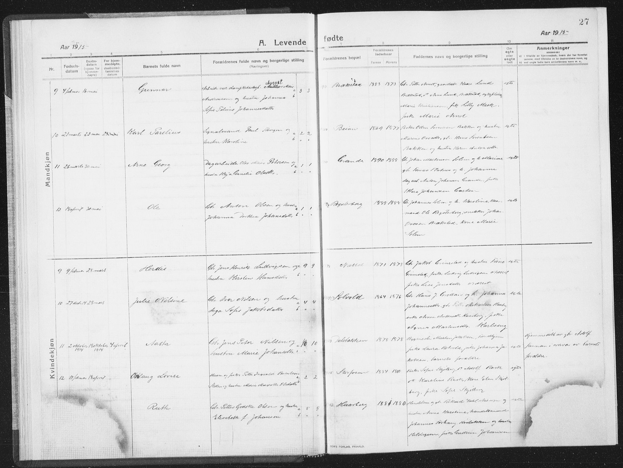 Ministerialprotokoller, klokkerbøker og fødselsregistre - Sør-Trøndelag, SAT/A-1456/659/L0747: Klokkerbok nr. 659C04, 1913-1938, s. 27