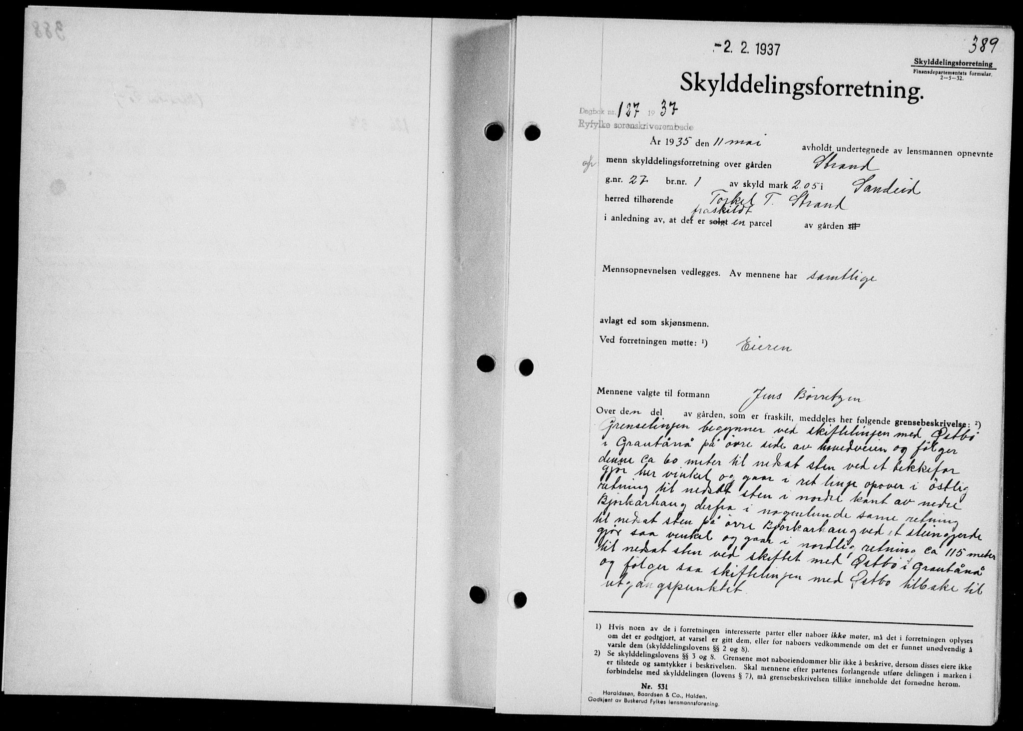 Ryfylke tingrett, SAST/A-100055/001/II/IIB/L0074: Pantebok nr. 53, 1936-1937, Dagboknr: 127/1937