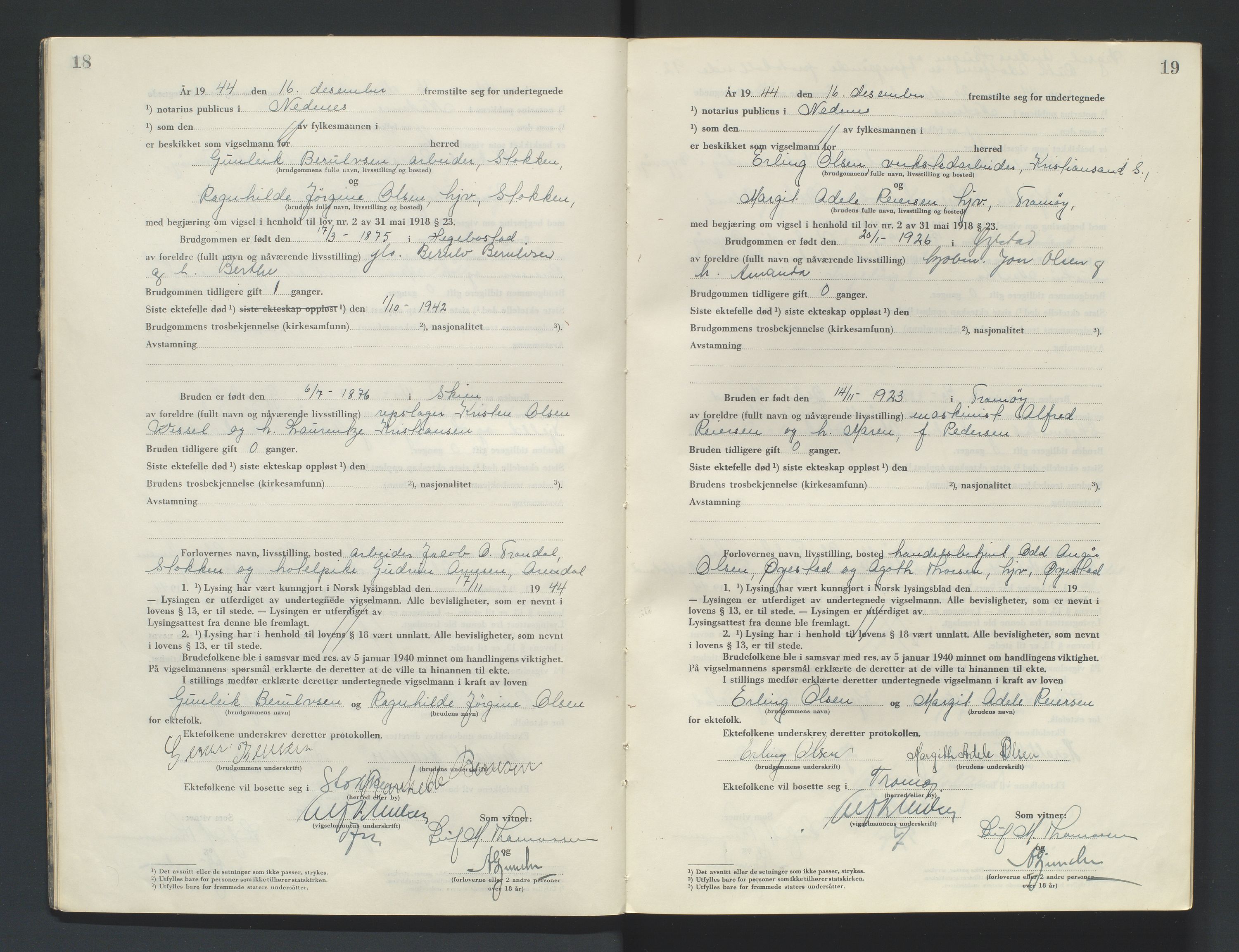 Nedenes sorenskriveri, SAK/1221-0006/L/Ld/L0002/0004: Vigselsbøker / Vigselbok, 1944-1948, s. 18-19
