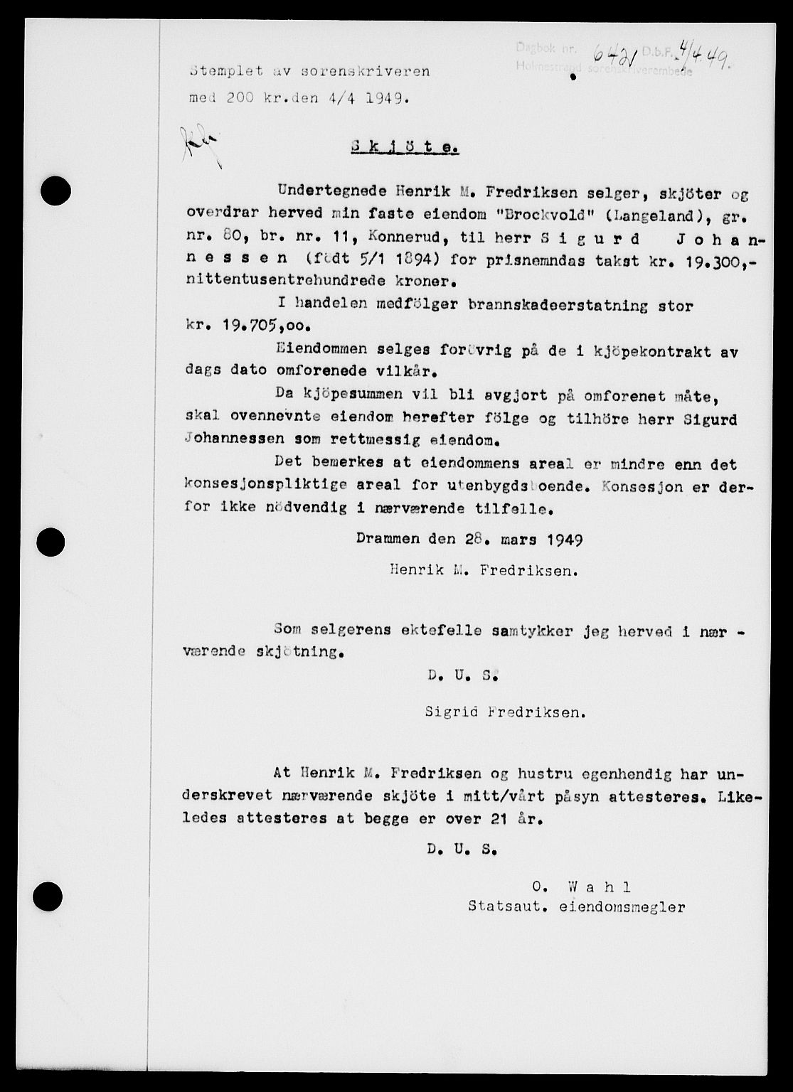 Holmestrand sorenskriveri, SAKO/A-67/G/Ga/Gaa/L0066: Pantebok nr. A-66, 1949-1949, Dagboknr: 642/1949