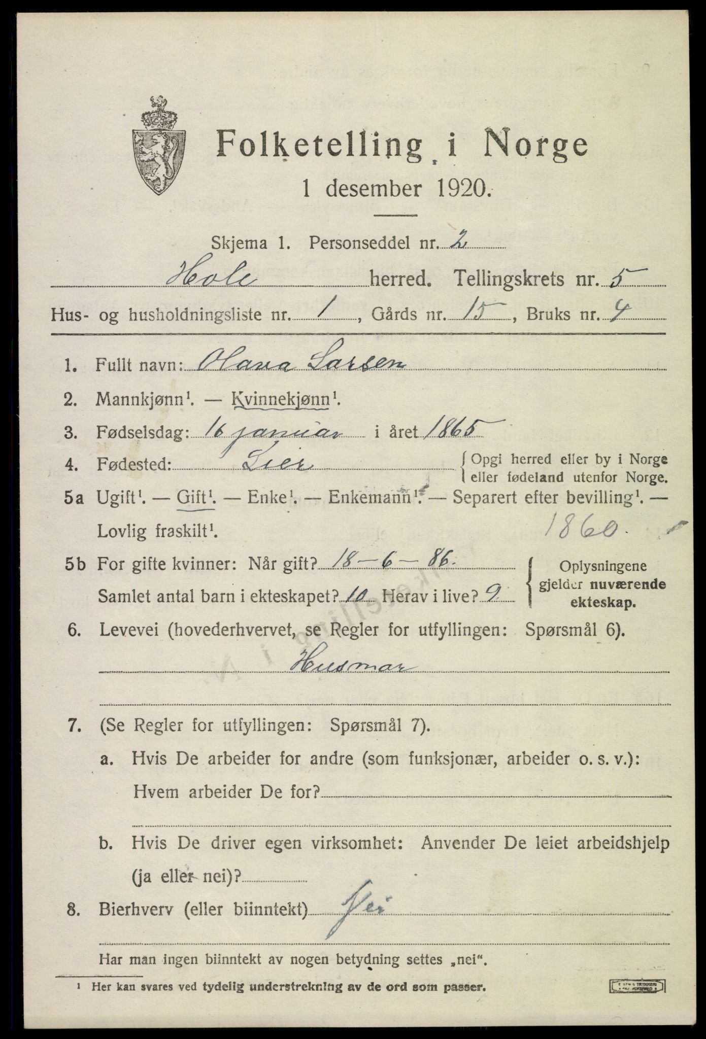 SAKO, Folketelling 1920 for 0612 Hole herred, 1920, s. 3369