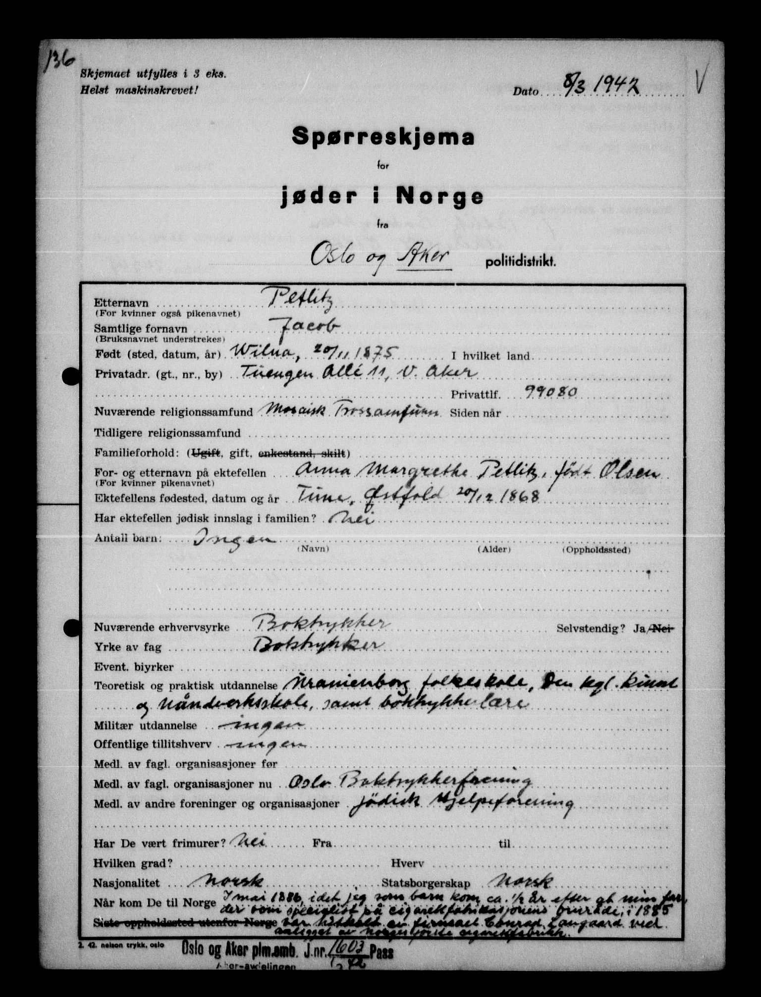Statspolitiet - Hovedkontoret / Osloavdelingen, AV/RA-S-1329/G/Ga/L0012/0001: Spørreskjema for jøder i Norge / Jøder bosatt i Aker, Levinson - Wozak, 1942, s. 69
