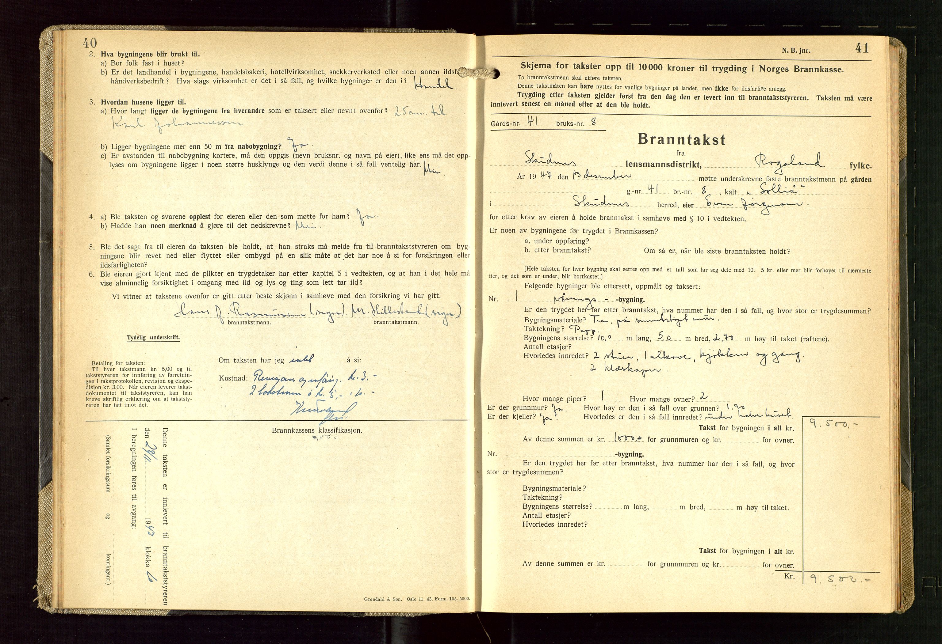 Skudenes lensmannskontor, SAST/A-100444/Gob/L0003: "Brandtakstprotokoll", 1942-1954, s. 40-41