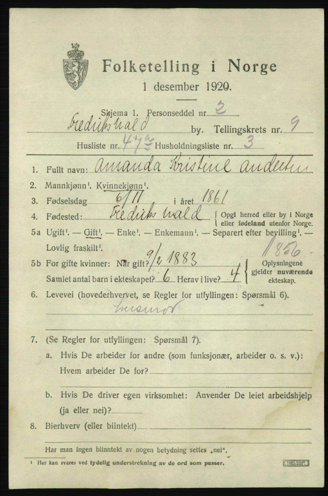 SAO, Folketelling 1920 for 0101 Fredrikshald kjøpstad, 1920, s. 17001