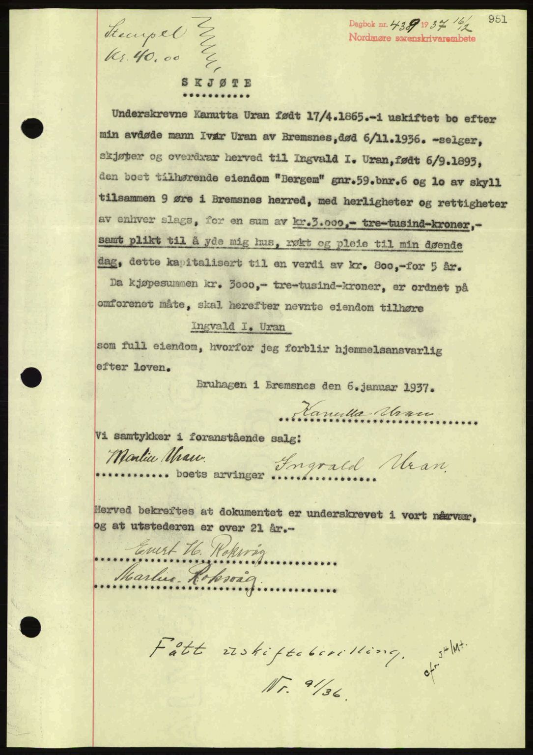 Nordmøre sorenskriveri, SAT/A-4132/1/2/2Ca: Pantebok nr. A80, 1936-1937, Dagboknr: 439/1937