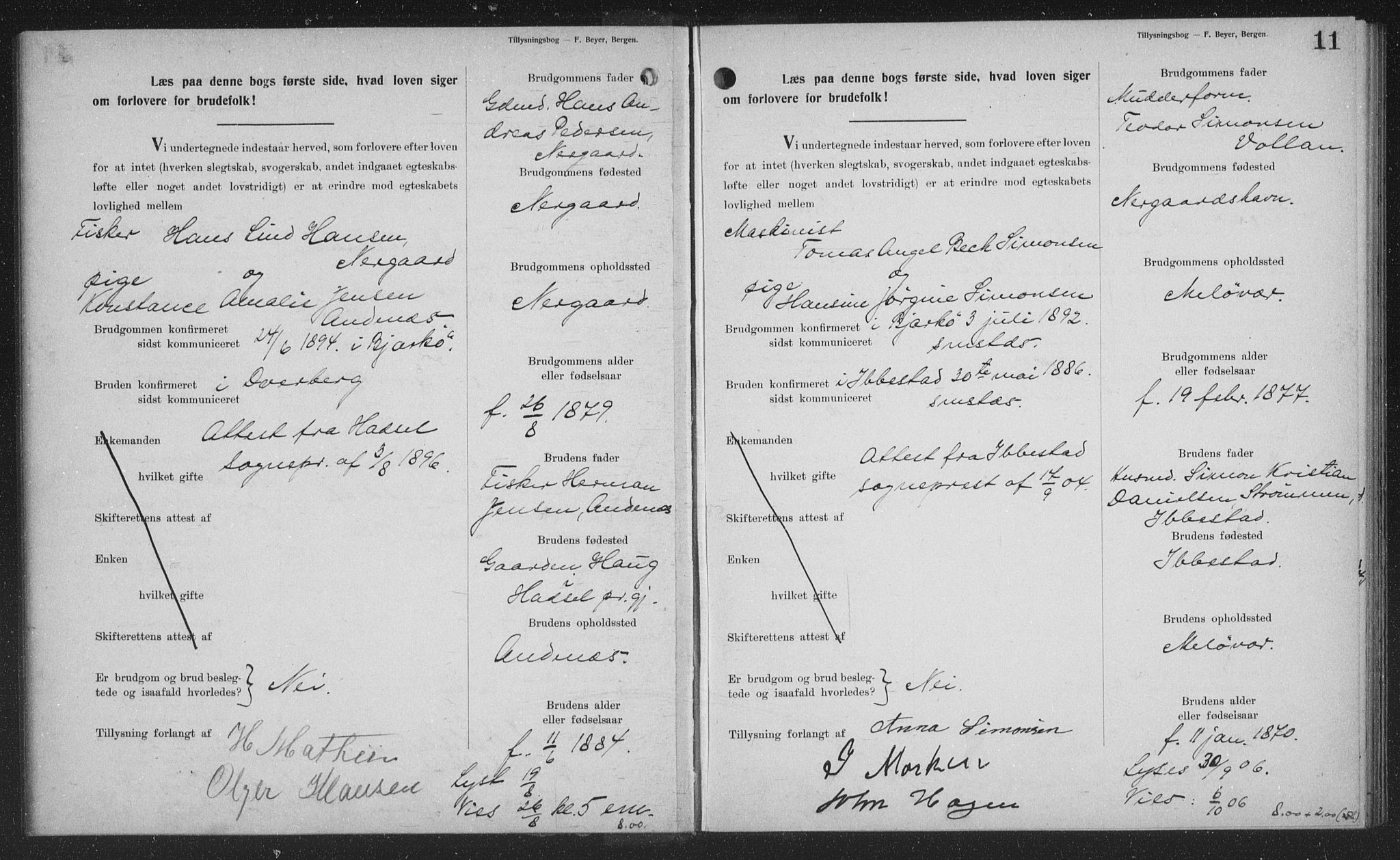 Sand/Bjarkøy sokneprestkontor, AV/SATØ-S-0811/J/Jb/L0024: Lysningsprotokoll nr. 24, 1905-1917, s. 11