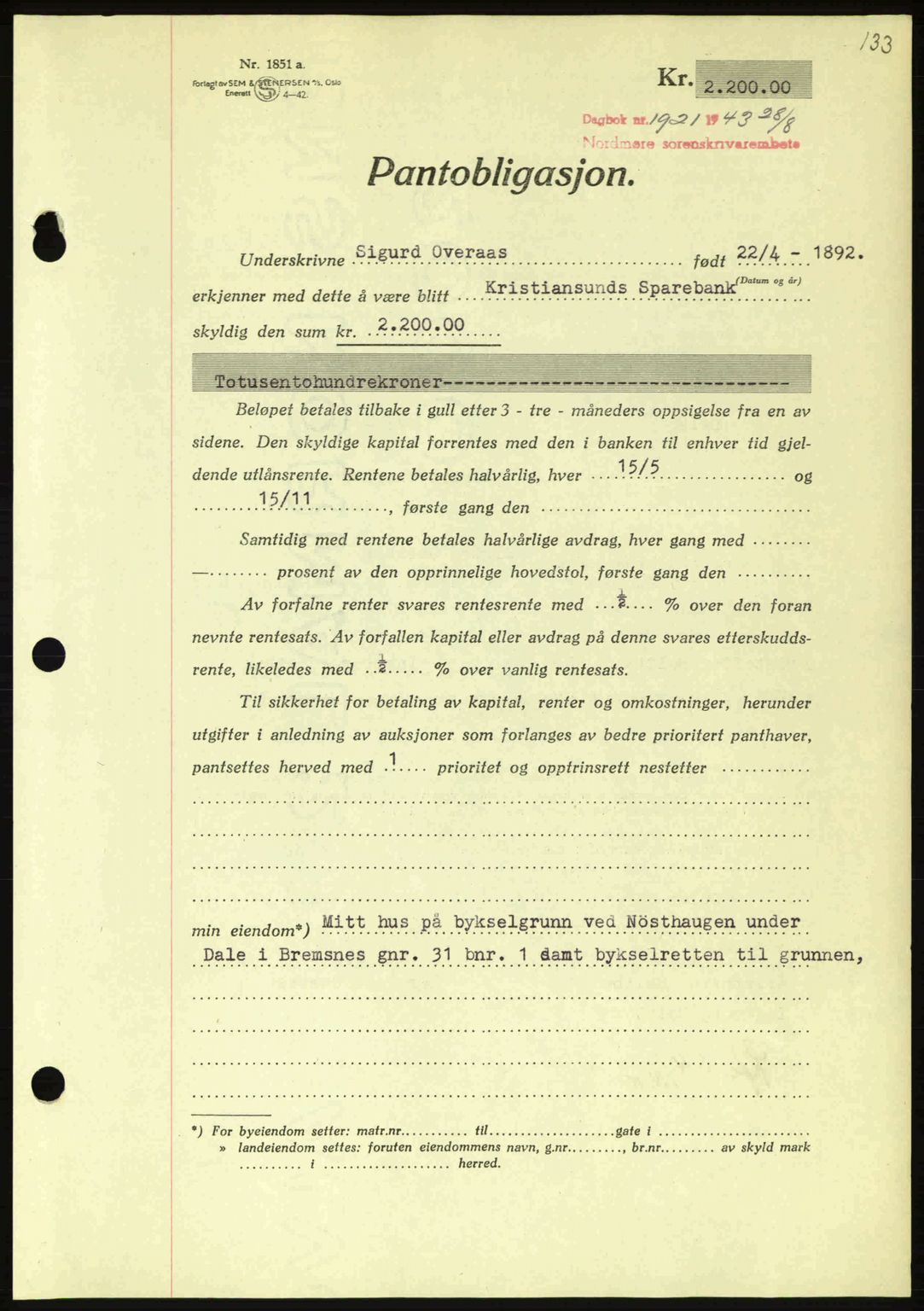 Nordmøre sorenskriveri, AV/SAT-A-4132/1/2/2Ca: Pantebok nr. B91, 1943-1944, Dagboknr: 1921/1943