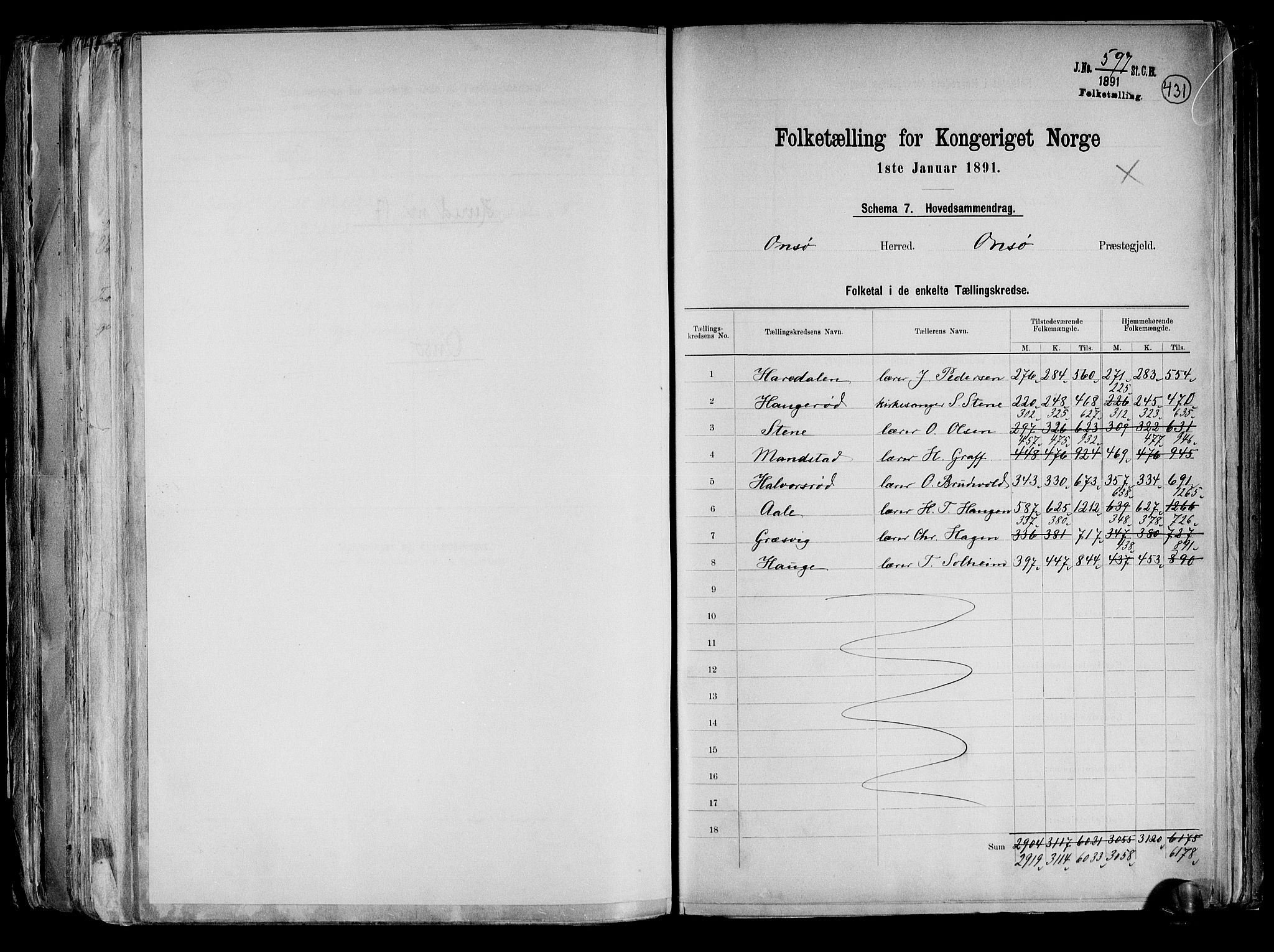 RA, Folketelling 1891 for 0134 Onsøy herred, 1891, s. 2