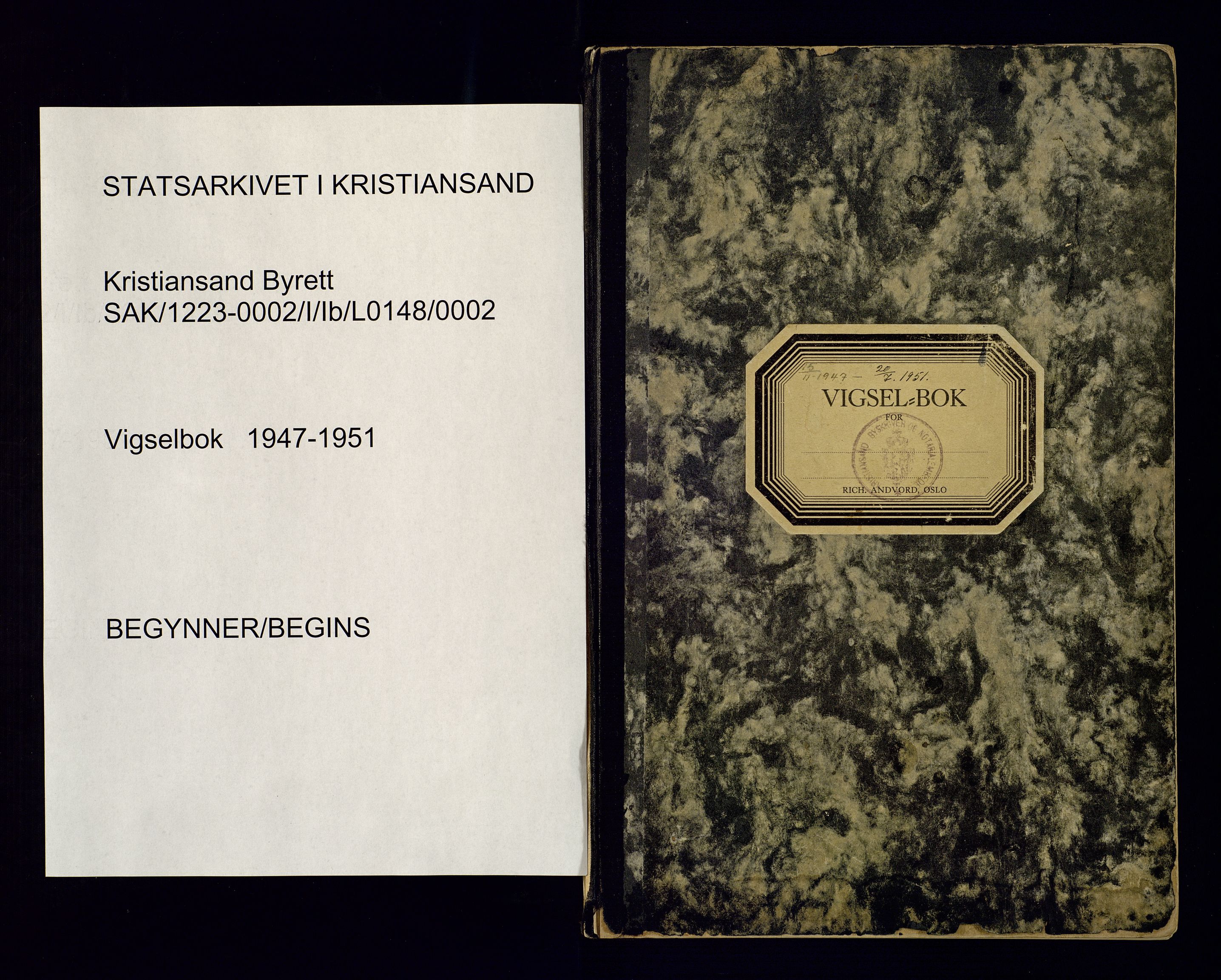 Kristiansand byrett - 2, SAK/1223-0002/I/Ib/L0148/0002: Vielsesprotokoller / Vigselbok, 1947-1951, s. 1