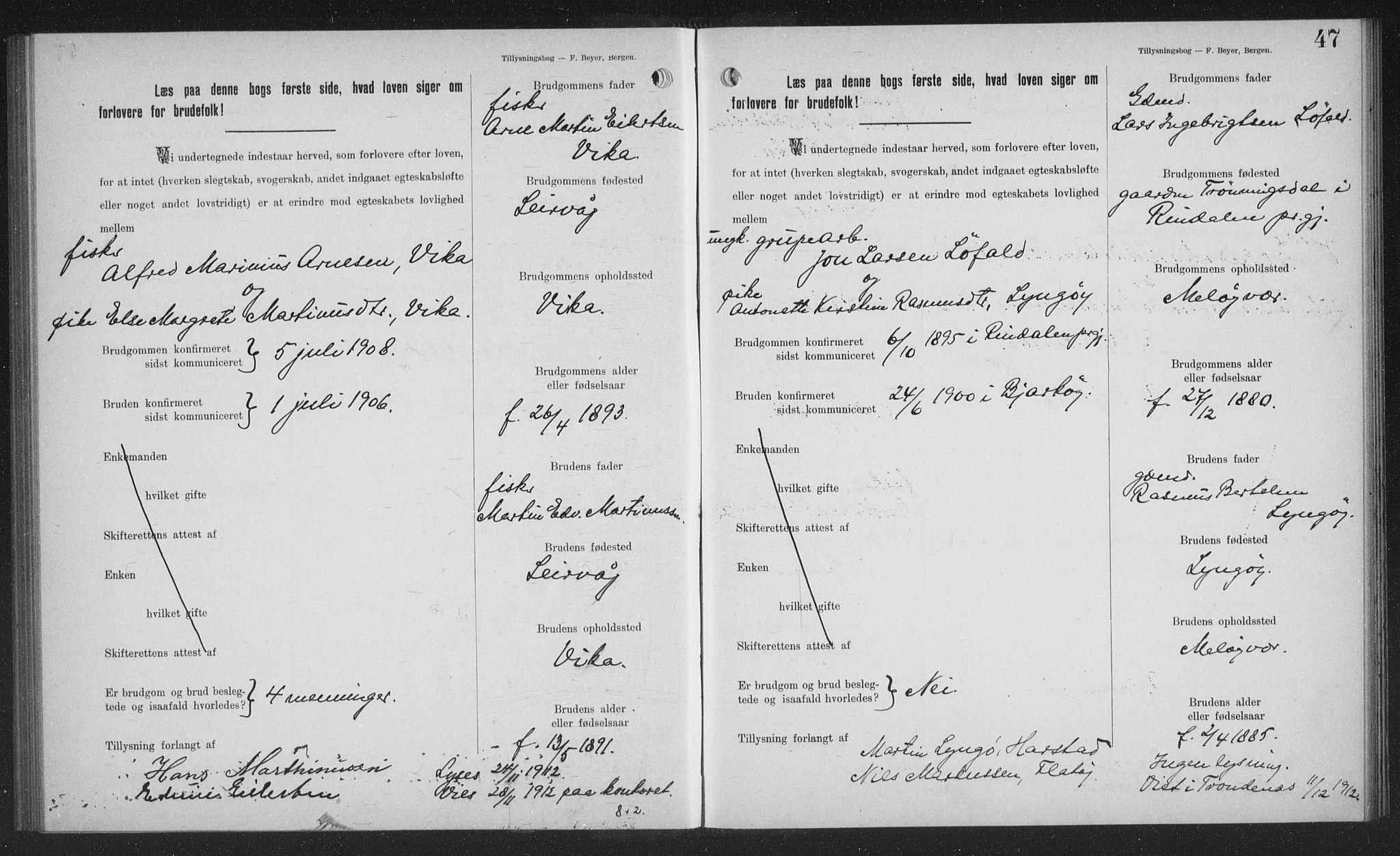 Sand/Bjarkøy sokneprestkontor, AV/SATØ-S-0811/J/Jb/L0024: Lysningsprotokoll nr. 24, 1905-1917, s. 47