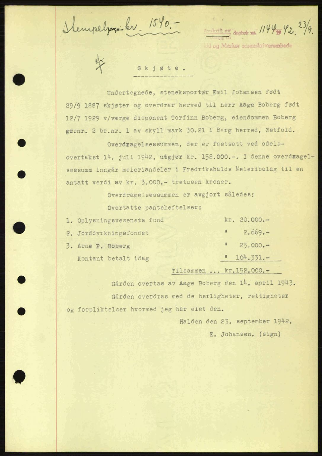 Idd og Marker sorenskriveri, AV/SAO-A-10283/G/Gb/Gbb/L0005: Pantebok nr. A5, 1941-1943, Dagboknr: 1144/1942