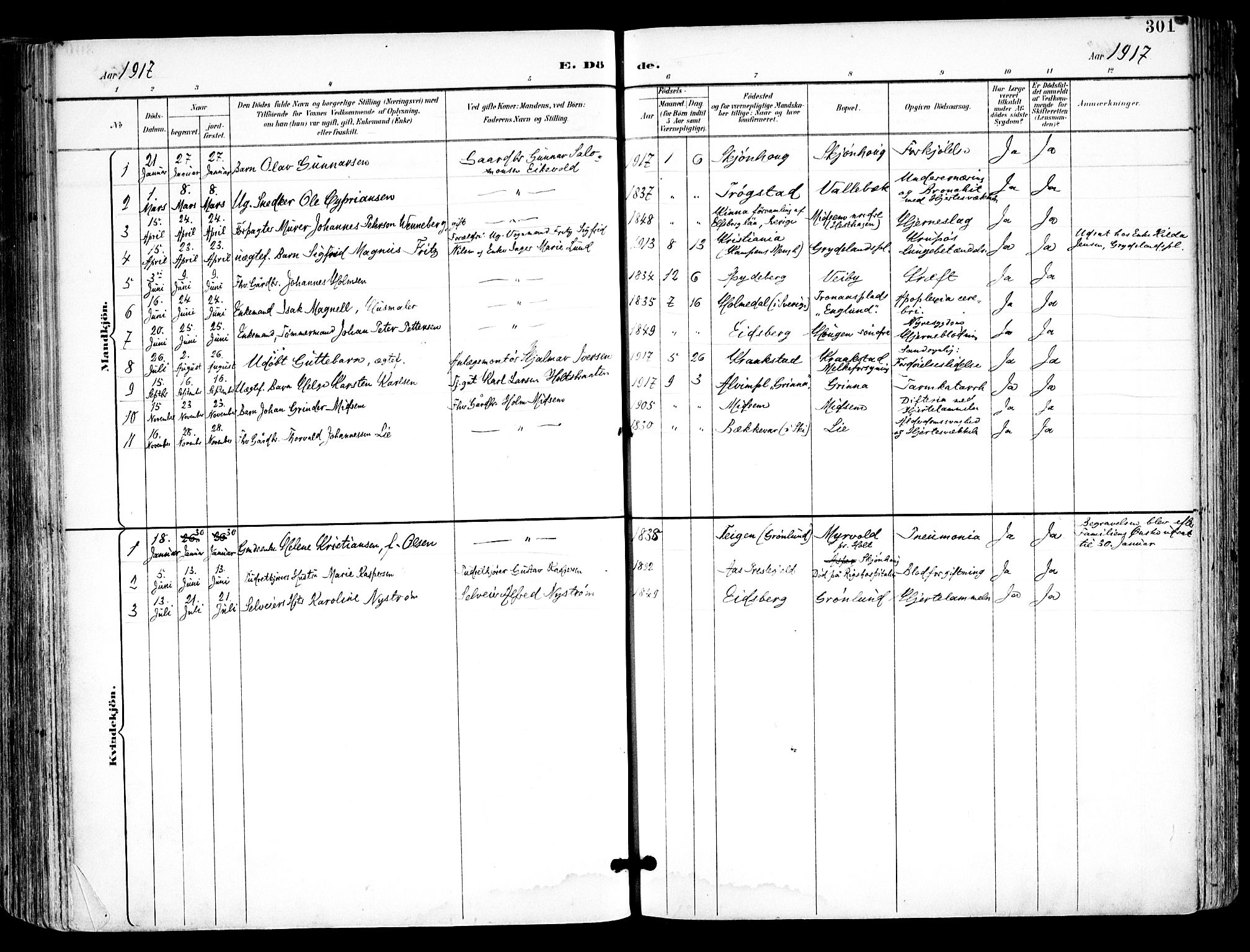Kråkstad prestekontor Kirkebøker, SAO/A-10125a/F/Fa/L0010: Ministerialbok nr. I 10, 1893-1931, s. 301