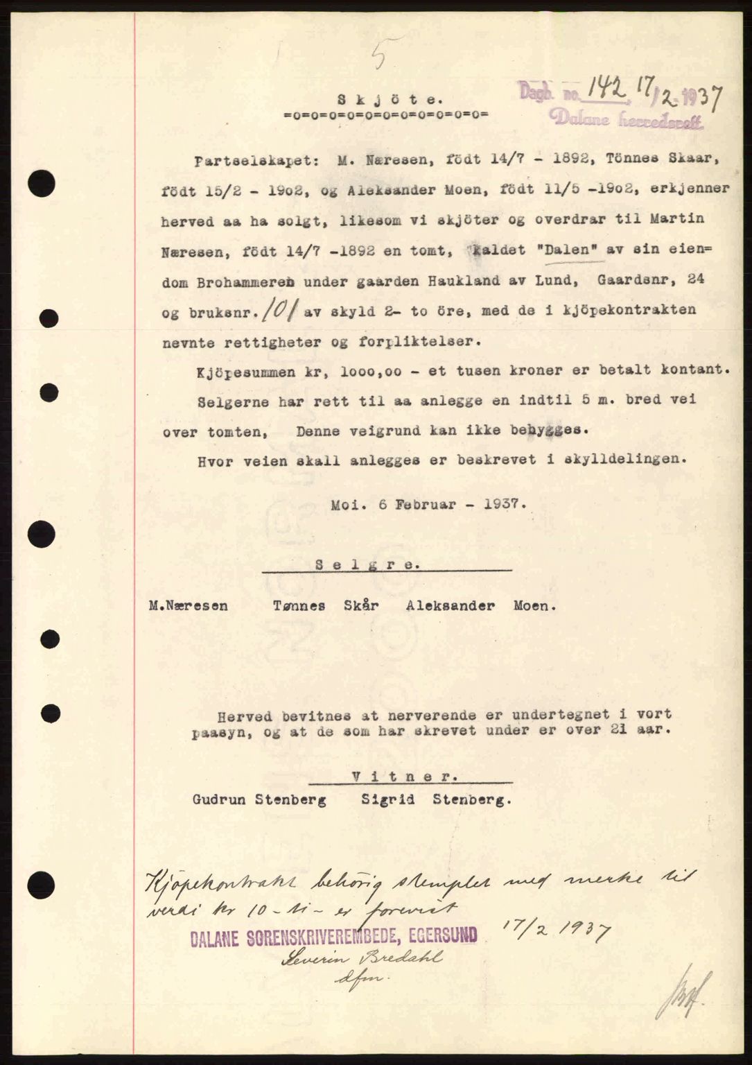 Dalane sorenskriveri, SAST/A-100309/02/G/Gb/L0041: Pantebok nr. A2, 1936-1937, Dagboknr: 142/1937