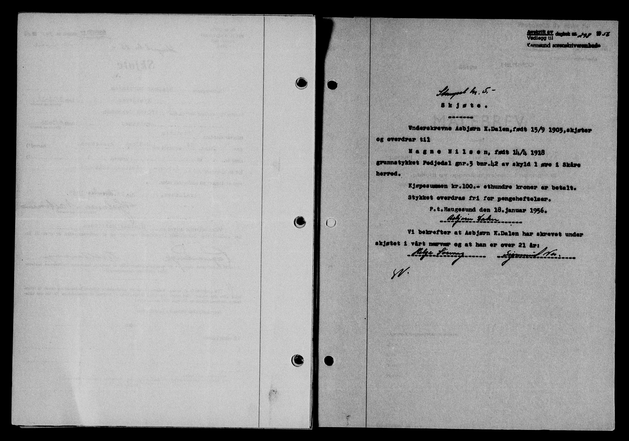 Karmsund sorenskriveri, SAST/A-100311/01/II/IIB/L0118: Pantebok nr. 98A, 1955-1956, Dagboknr: 298/1956