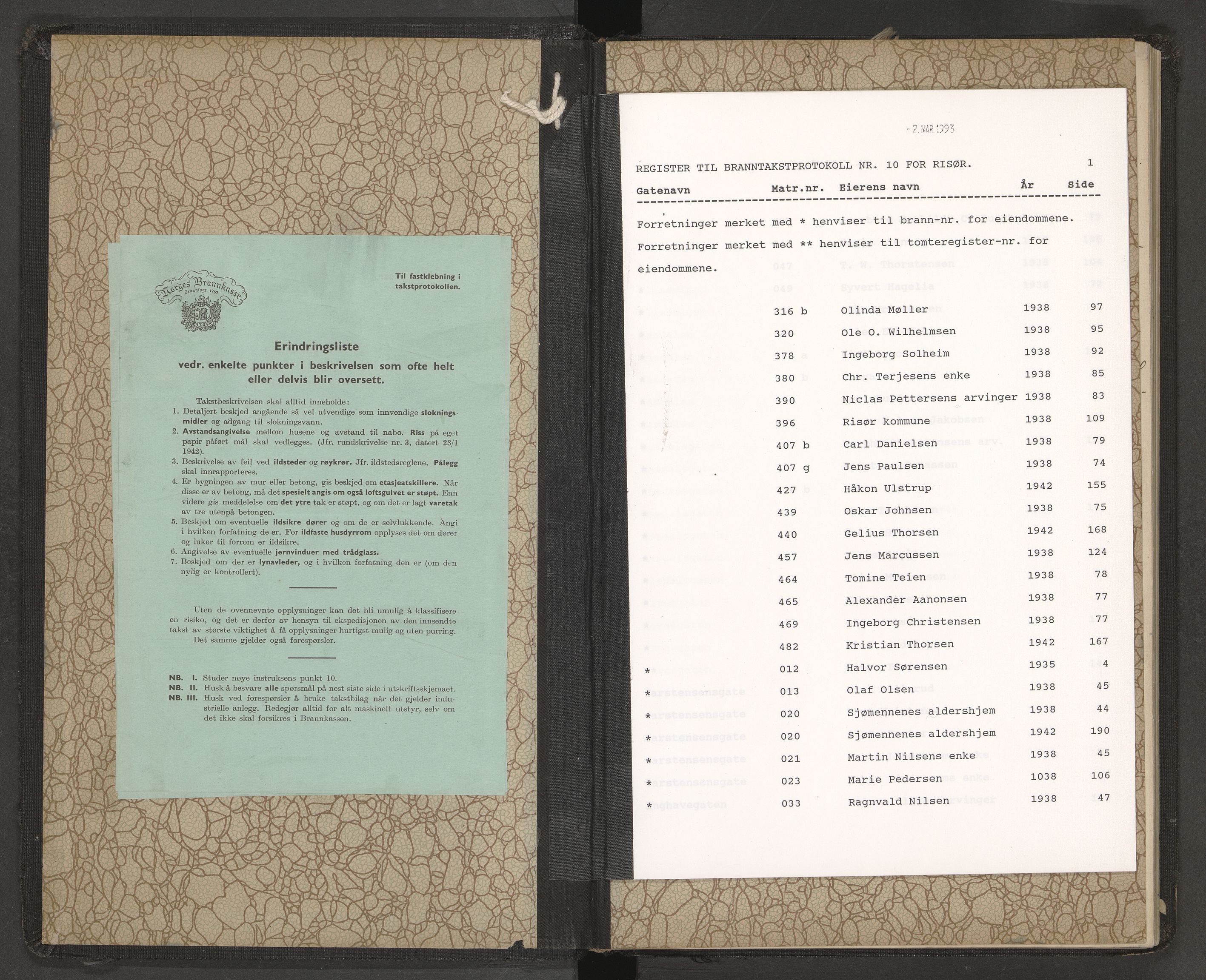 Norges Brannkasse Risør, AV/SAK-2241-0043/F/Fa/L0013: Branntakstprotokoll nr. 10 med gatenavnsregister, 1935-1942