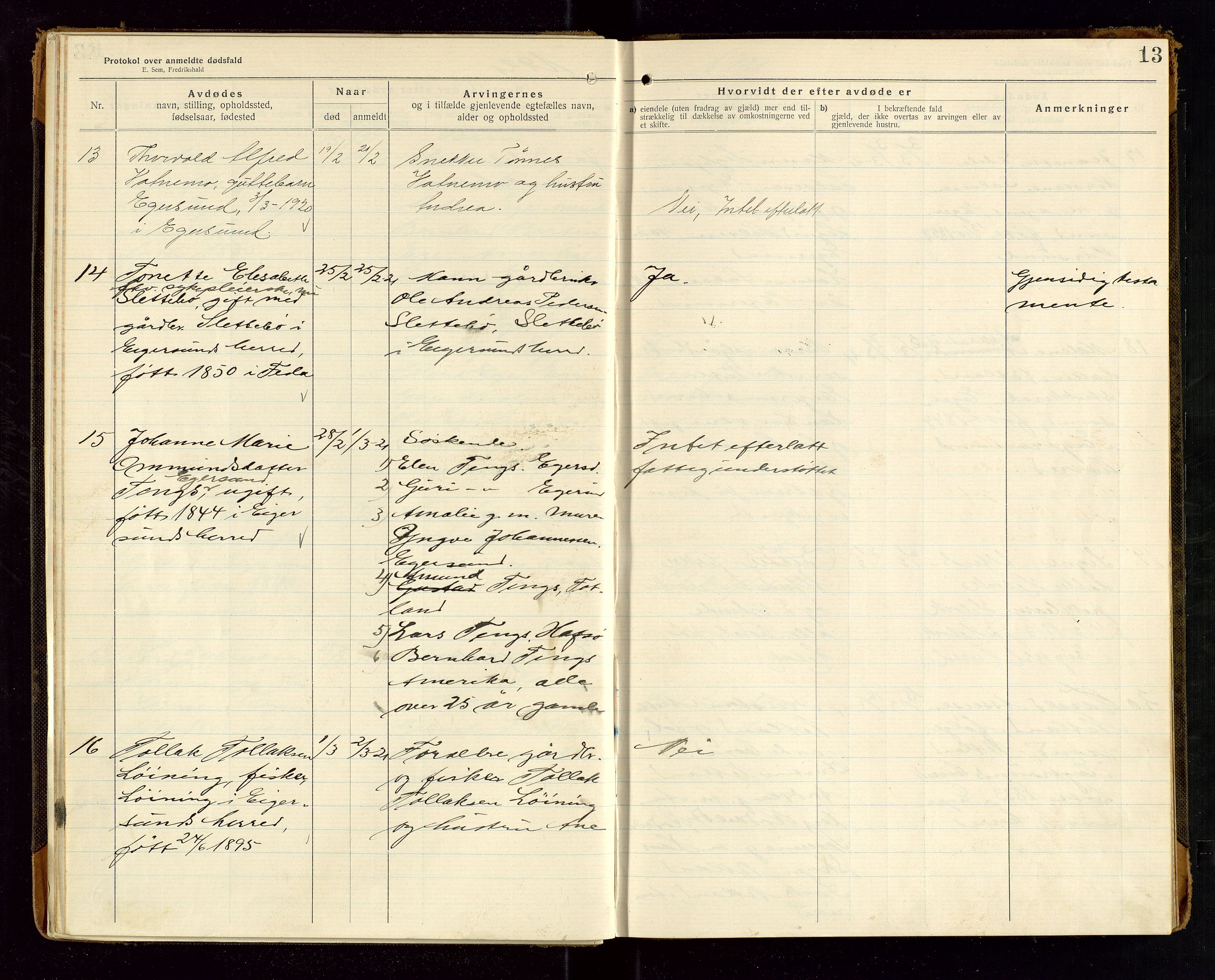 Eigersund lensmannskontor, AV/SAST-A-100171/Gga/L0008: "Protokol over anmeldte dødsfald" m/alfabetisk navneregister, 1920-1922, s. 13