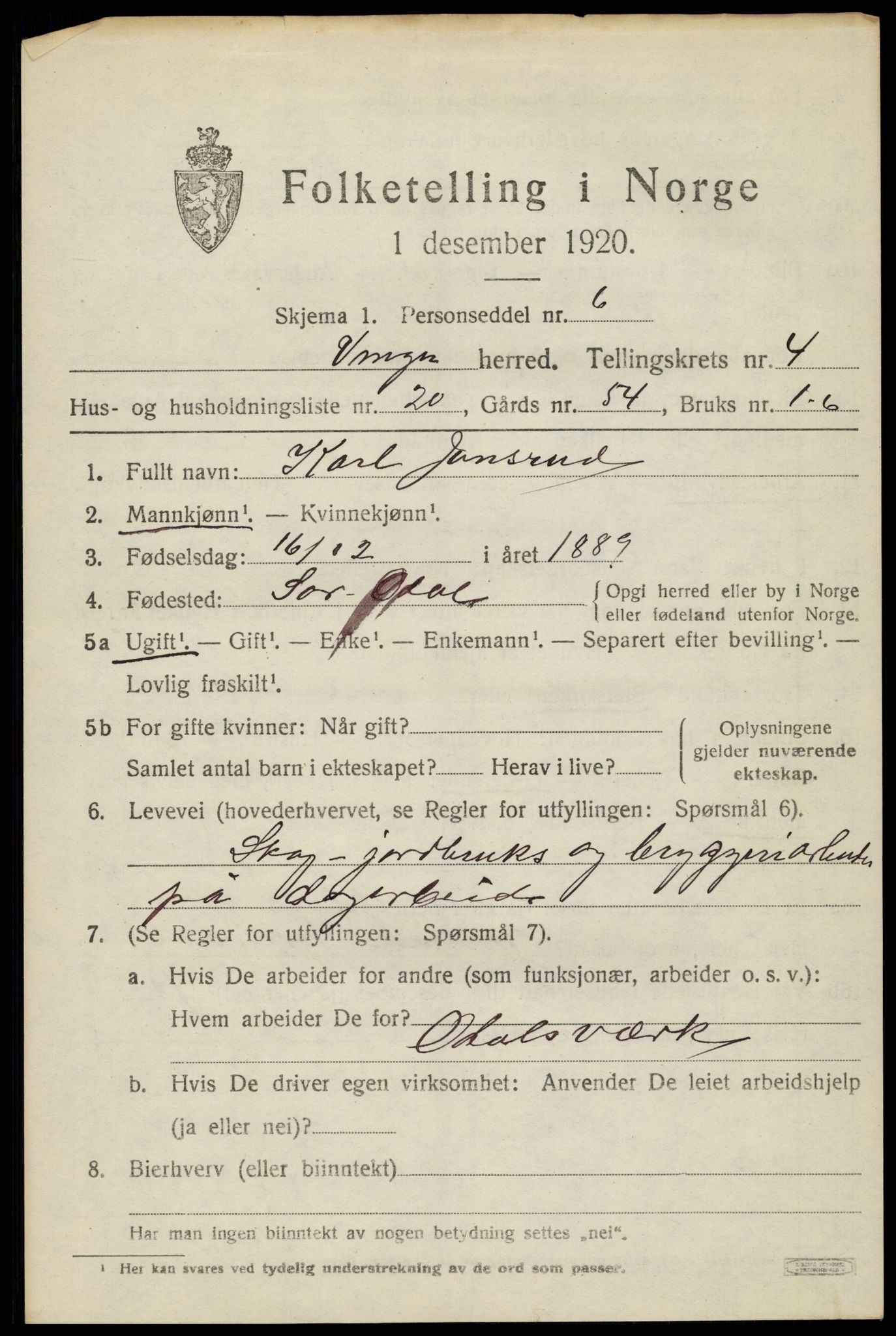 SAH, Folketelling 1920 for 0421 Vinger herred, 1920, s. 5480