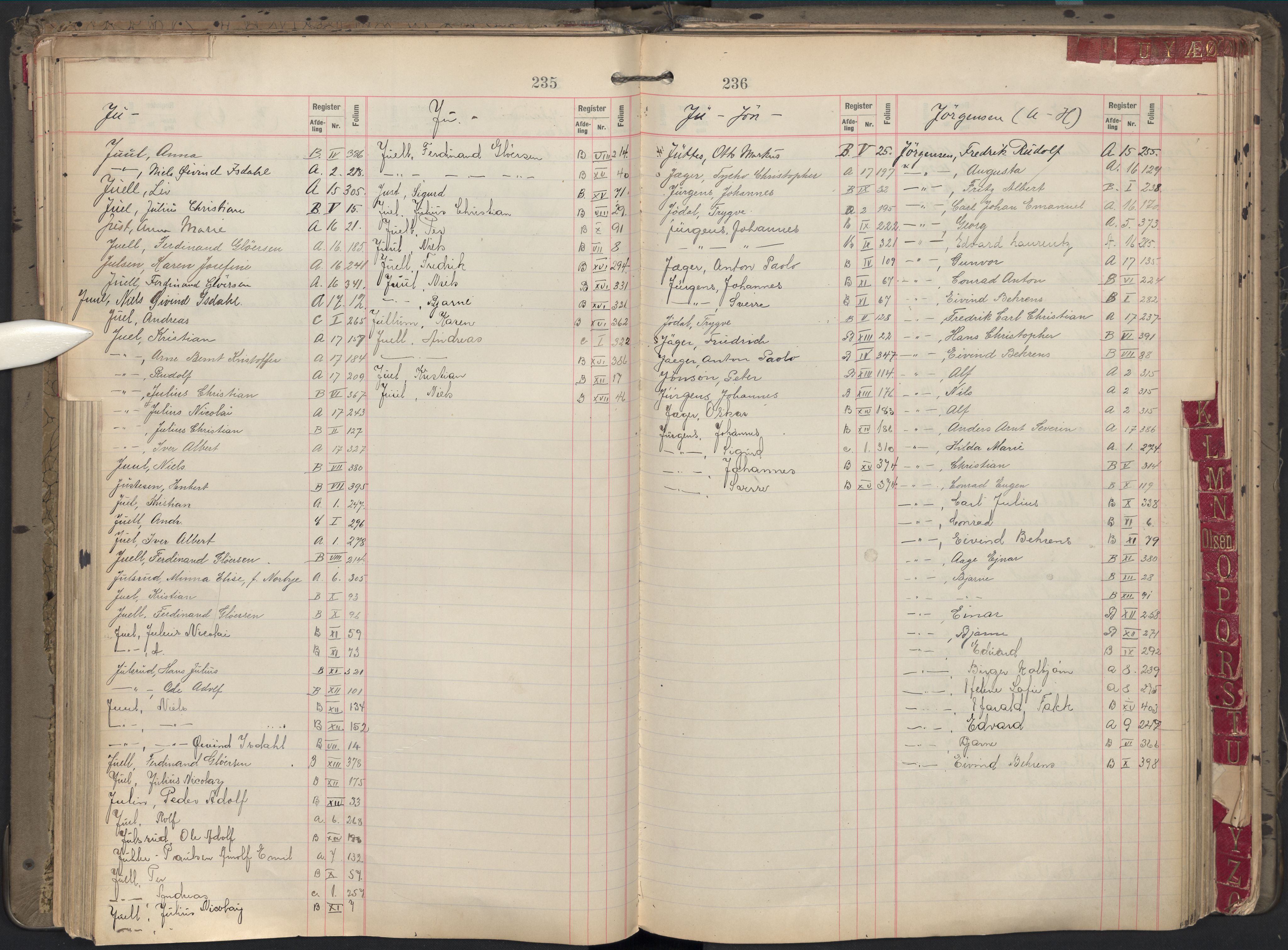 Oslo byfogd avd. II, SAO/A-10942/G/Ga/Gab/L0002: Personregister: A 1-17, B 1-17, C 1, 1907, s. 235-236