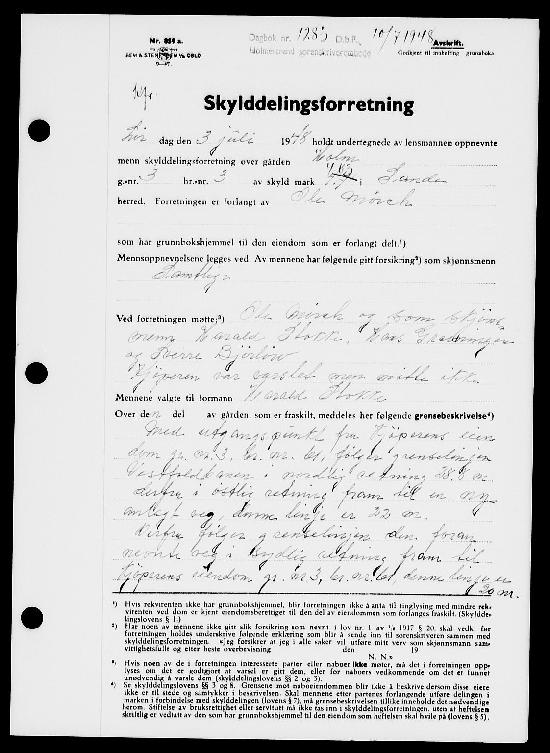Holmestrand sorenskriveri, SAKO/A-67/G/Ga/Gaa/L0064: Pantebok nr. A-64, 1948-1948, Dagboknr: 1283/1948