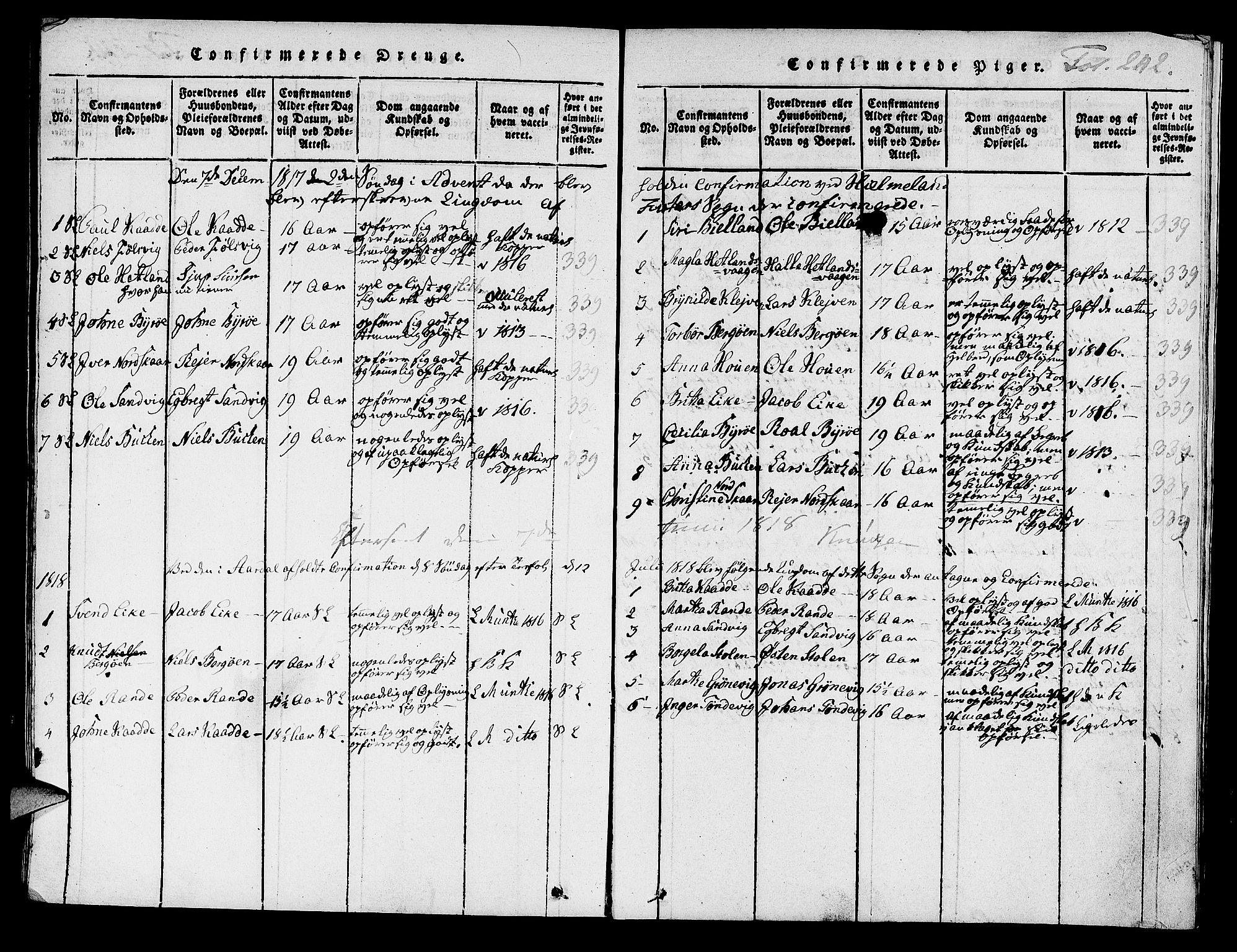 Hjelmeland sokneprestkontor, AV/SAST-A-101843/01/IV/L0004: Ministerialbok nr. A 4, 1816-1834, s. 242