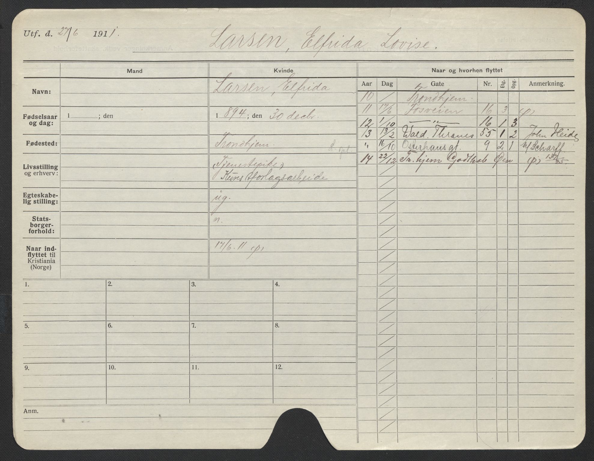 Oslo folkeregister, Registerkort, AV/SAO-A-11715/F/Fa/Fac/L0019: Kvinner, 1906-1914, s. 856a