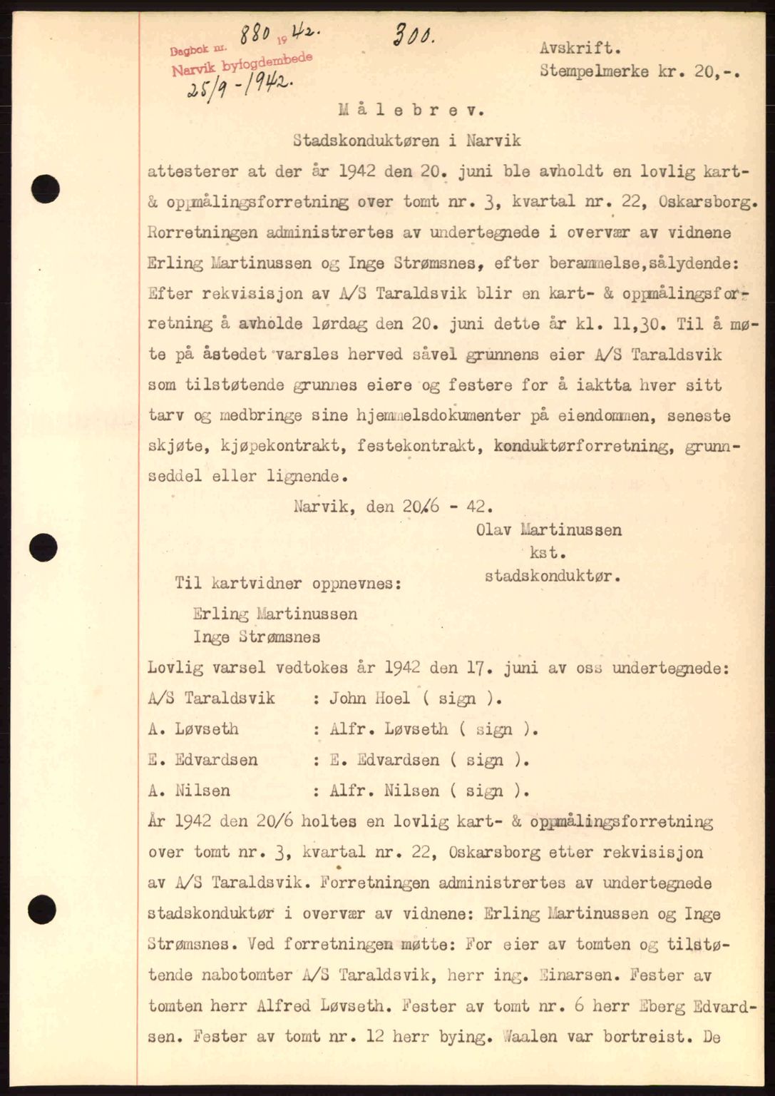 Narvik sorenskriveri, SAT/A-0002/1/2/2C/2Ca: Pantebok nr. A19, 1942-1943, Dagboknr: 880/1942