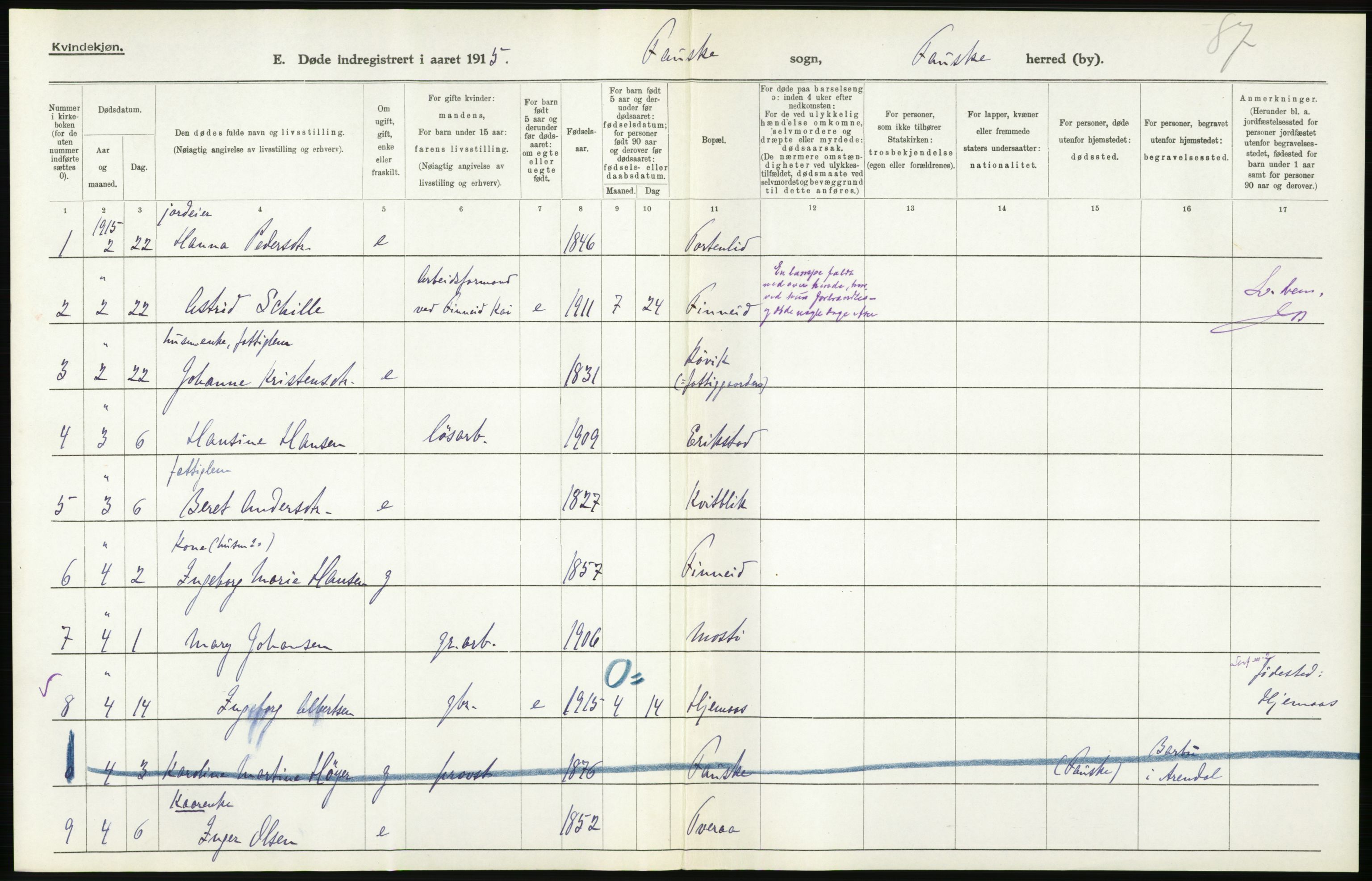 Statistisk sentralbyrå, Sosiodemografiske emner, Befolkning, AV/RA-S-2228/D/Df/Dfb/Dfbe/L0049: Nordlands amt: Døde. Bygder., 1915, s. 32